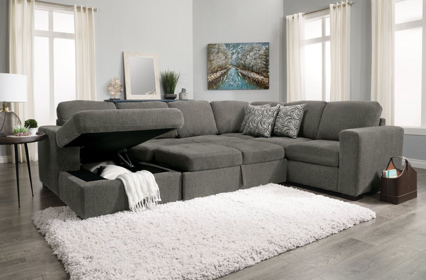 Izzy 4 Piece Chenille Sleeper Sectional With Left Facing Storage Ch For Left Or Right Facing Sleeper Sectionals (View 11 of 21)