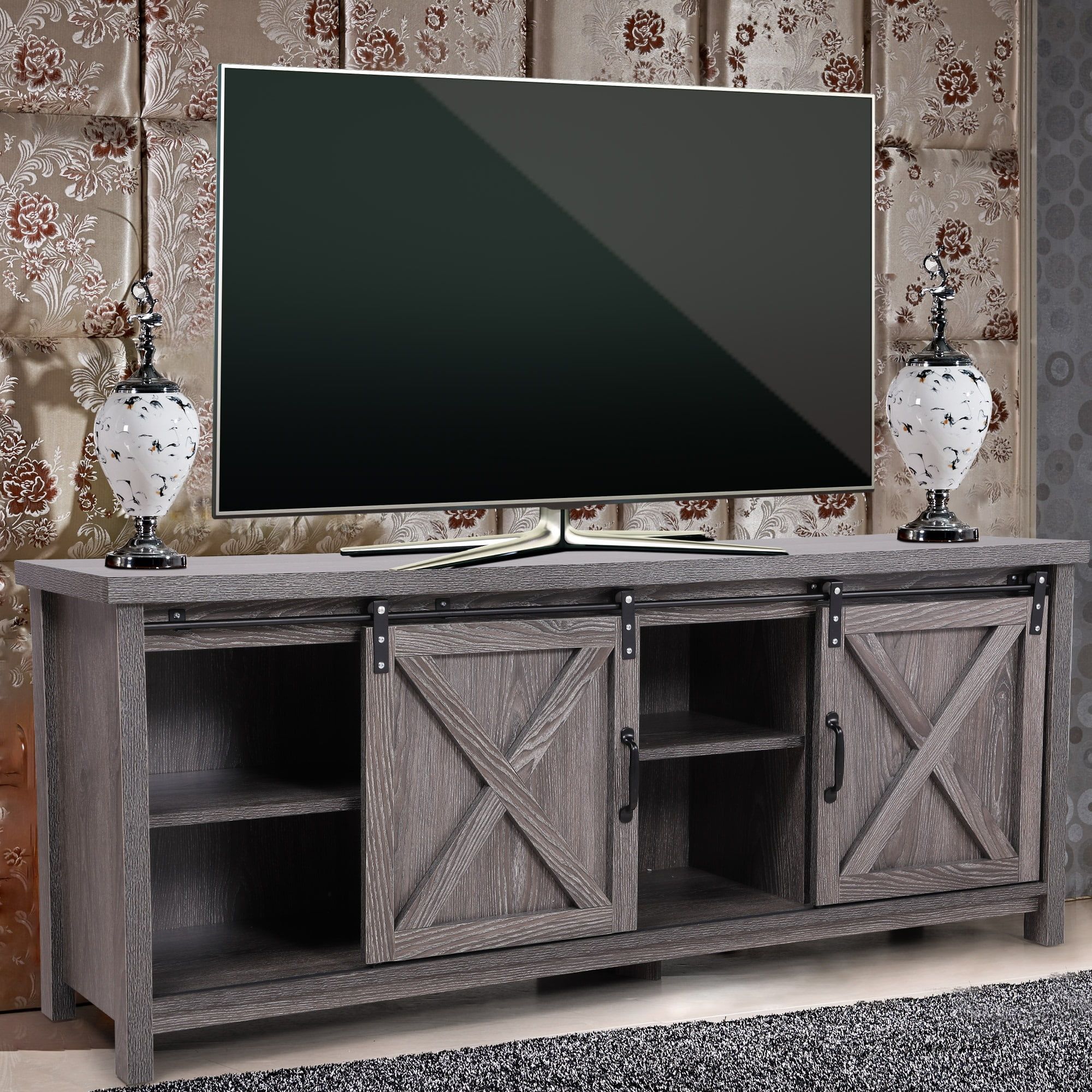 Jaxpety 58" Farmhouse Sliding Barn Door Tv Stand For Tvs Up To 65 For Entertainment Center With Storage Cabinet (Gallery 6 of 20)