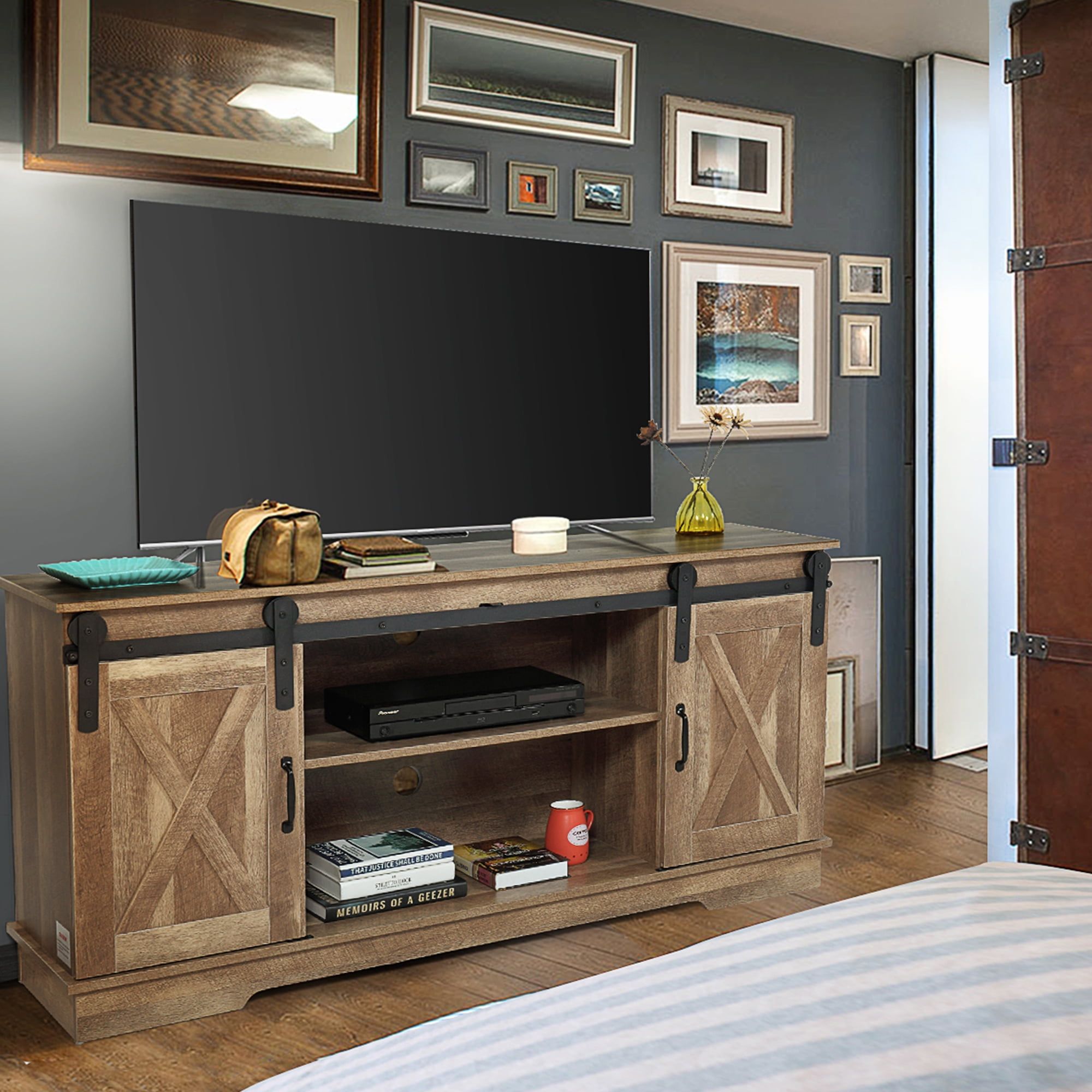 Jaxpety Wooden Tv Stand With Sliding Barn Door For 65''tvs, Farmhouse Throughout Farmhouse Tv Stands (View 15 of 20)