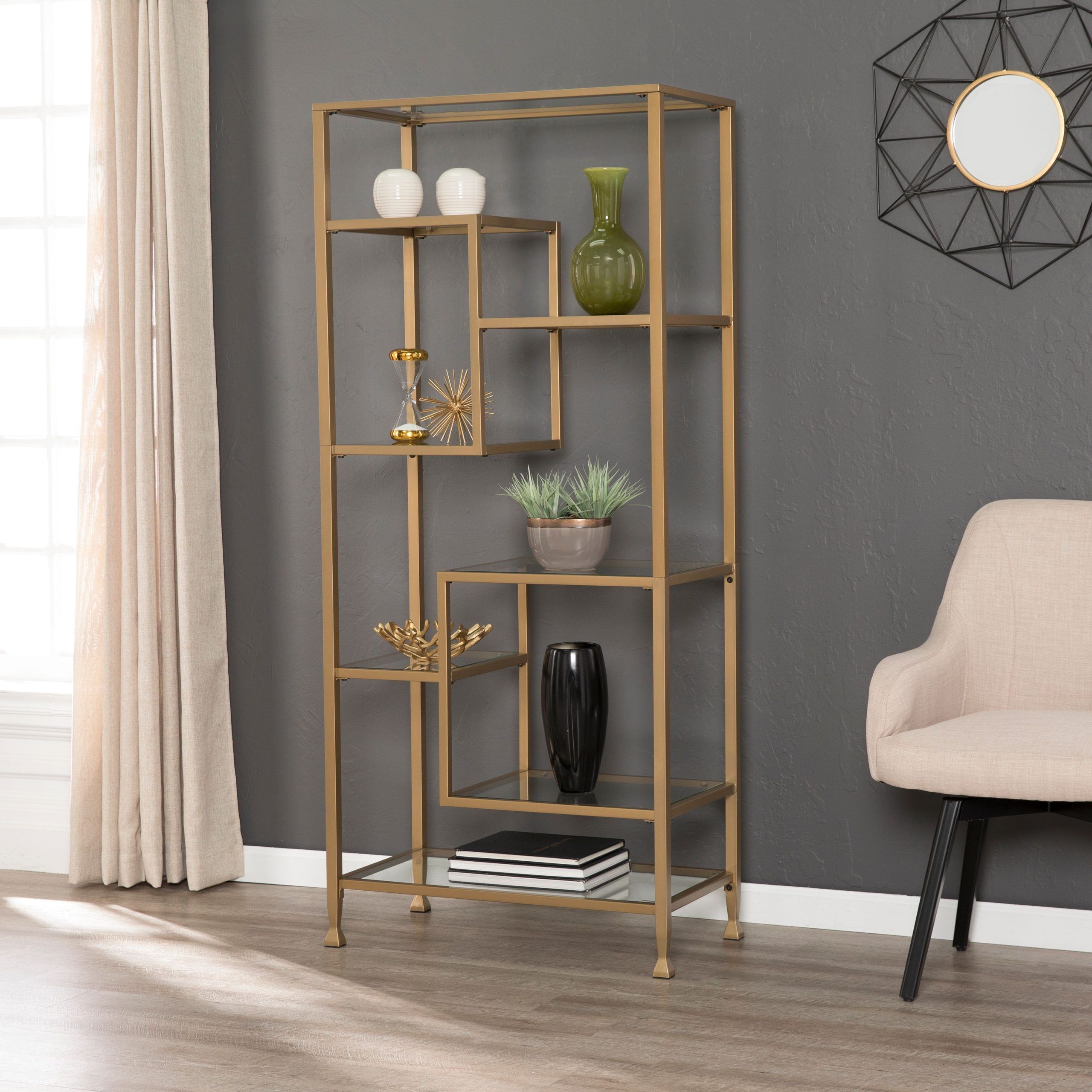 Jaymes Metal/glass Asymmetrical Bookcase – Walmart | Living Room With Regard To Asymmetrical Console Table Book Stands (Gallery 2 of 20)