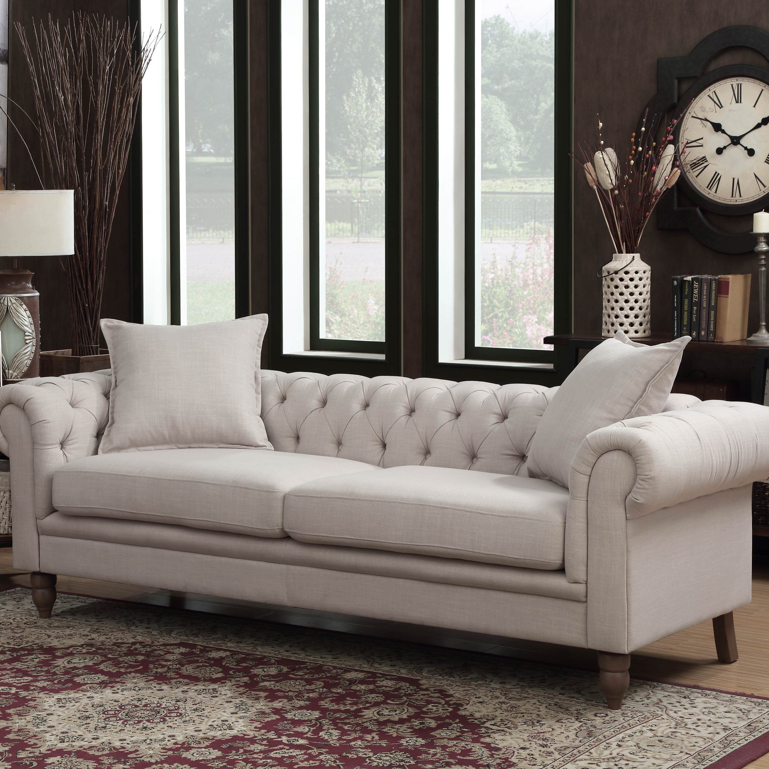 Juliet Collection Contemporary Linen Fabric Upholstered Button Tufted Intended For Tufted Upholstered Sofas (View 9 of 20)