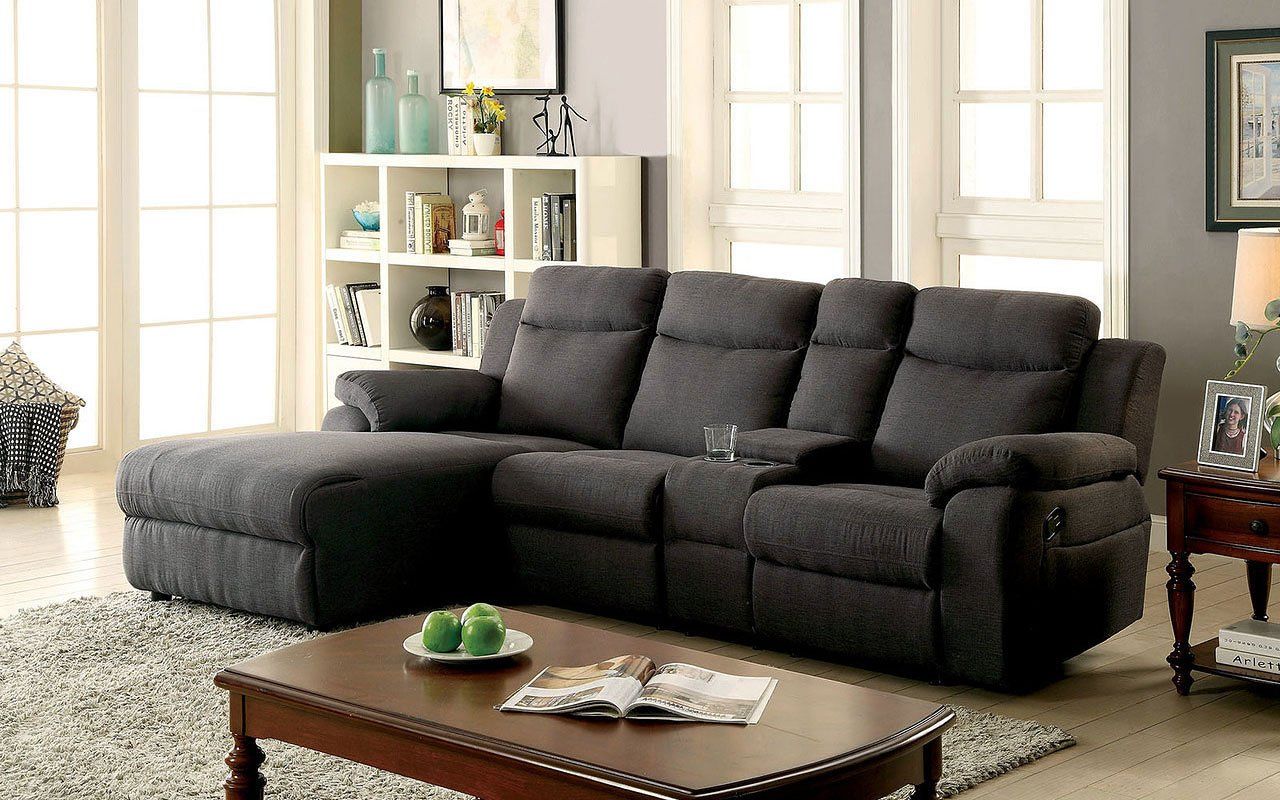 Kamryn Reclining Sectional W/ Console (gray) – Sectionals – Living Room In Dark Grey Polyester Sofa Couches (Gallery 19 of 20)