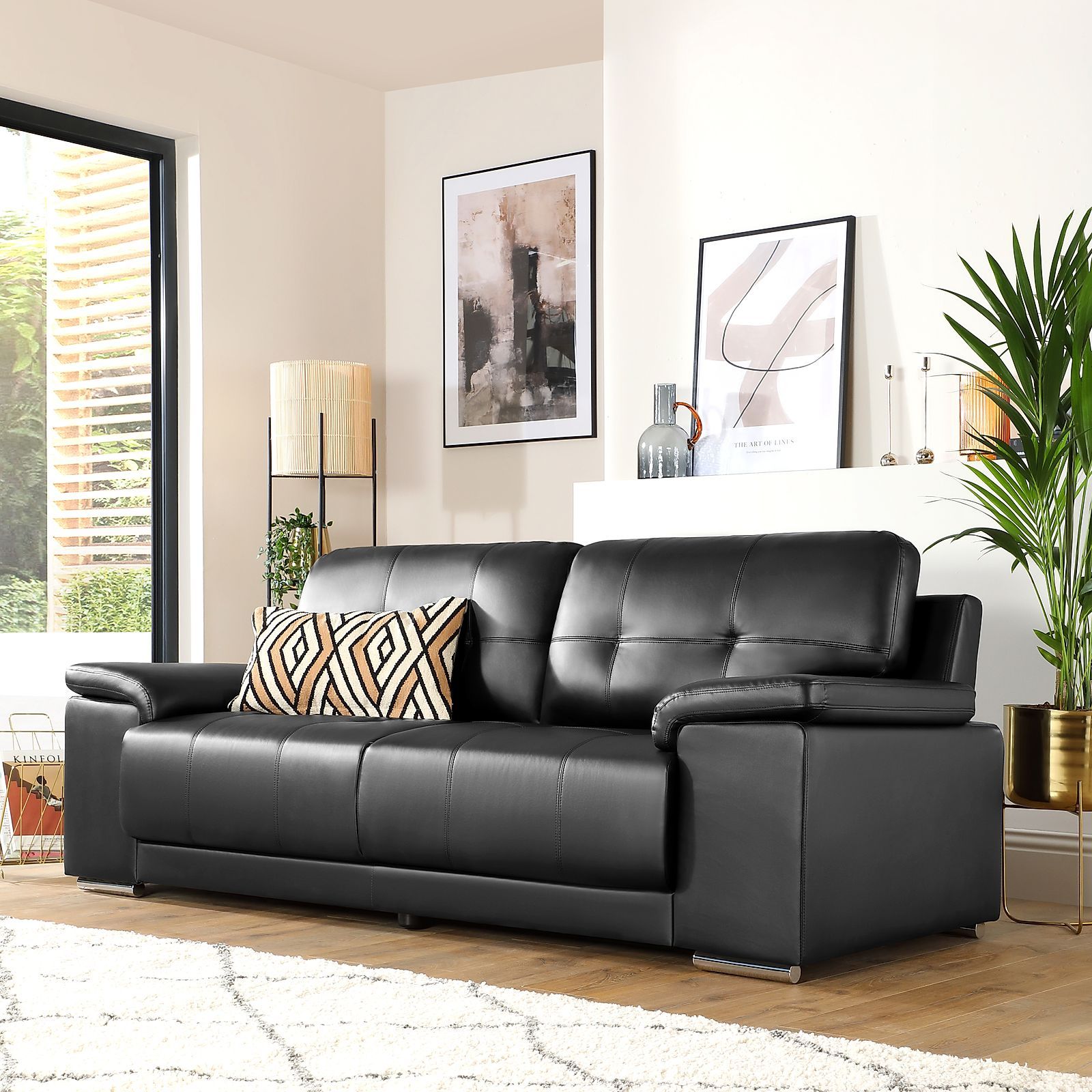 Kansas Black Leather 3 Seater Sofa | Furniture Choice Regarding 3 Seat L Shaped Sofas In Black (View 6 of 20)