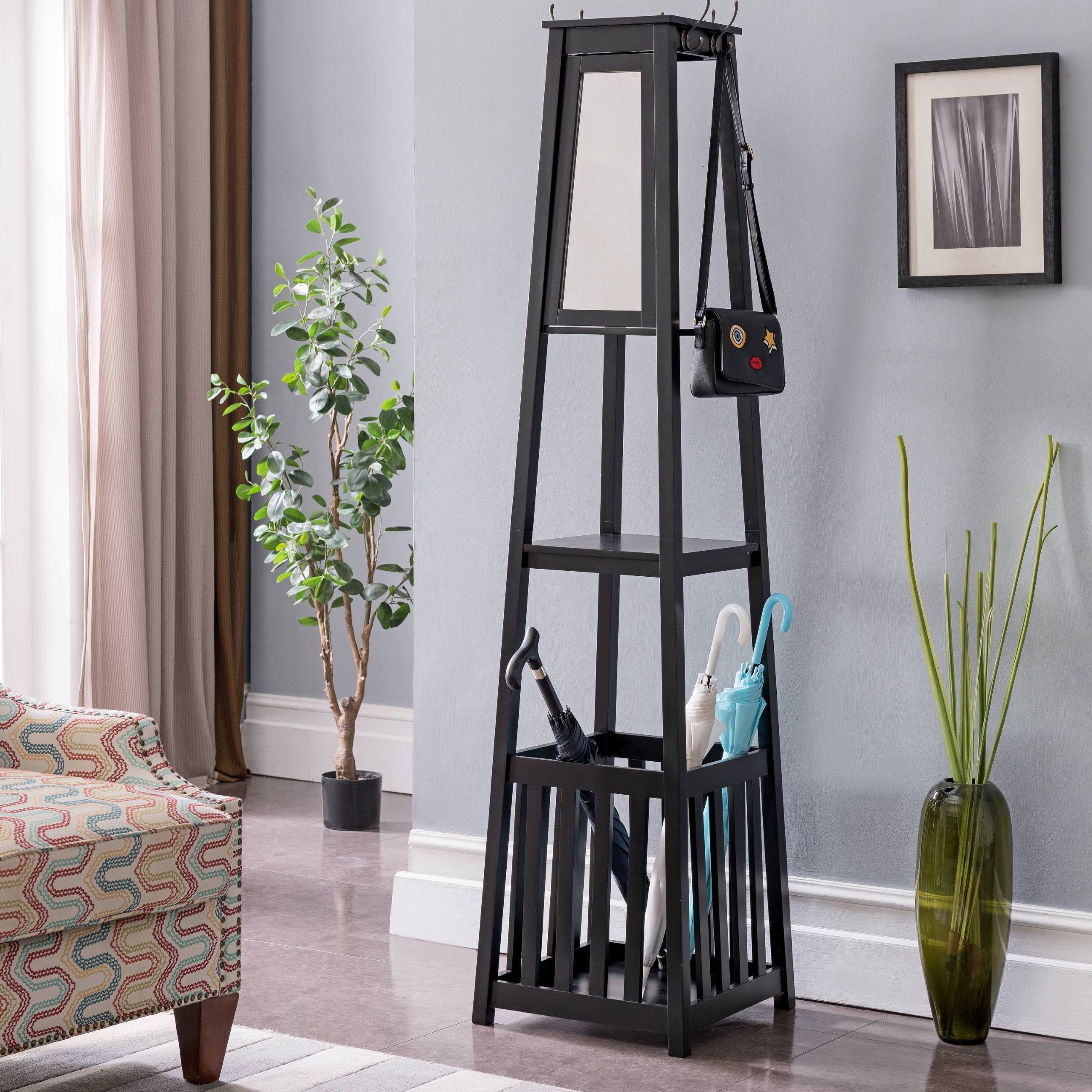 Kendall Black Wood Contemporary Entryway Hall Tree Coat Rack Stand With For Modern Stands With Shelves (View 13 of 20)