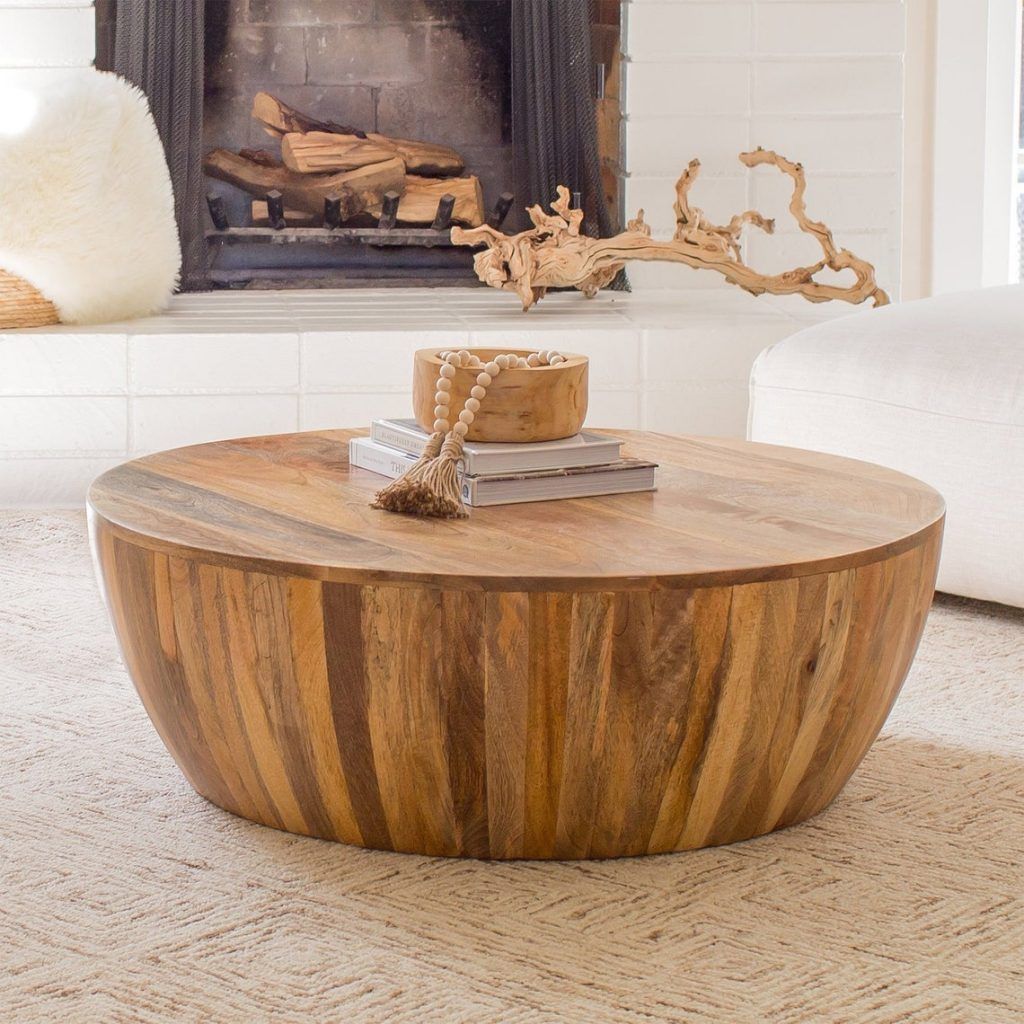 Kuber Handcrafted Solid Wood Round Coffee Table, Drum Table – Kuber Intended For Coffee Tables With Round Wooden Tops (Gallery 13 of 20)
