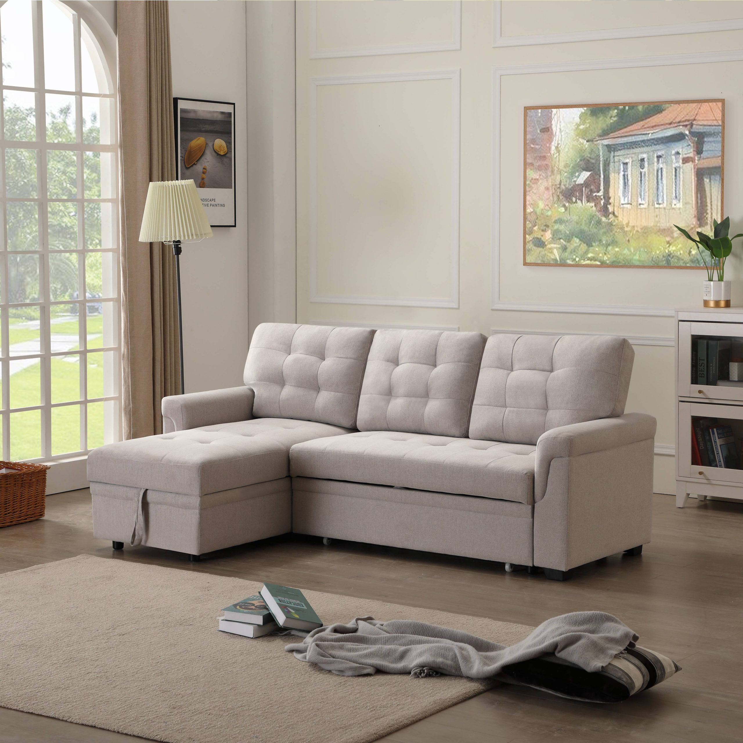 L Shaped Sectional Sofa Bed With Reversible Chaise, 86"w Modern 3 Seat Intended For Beige L Shaped Sectional Sofas (View 6 of 20)