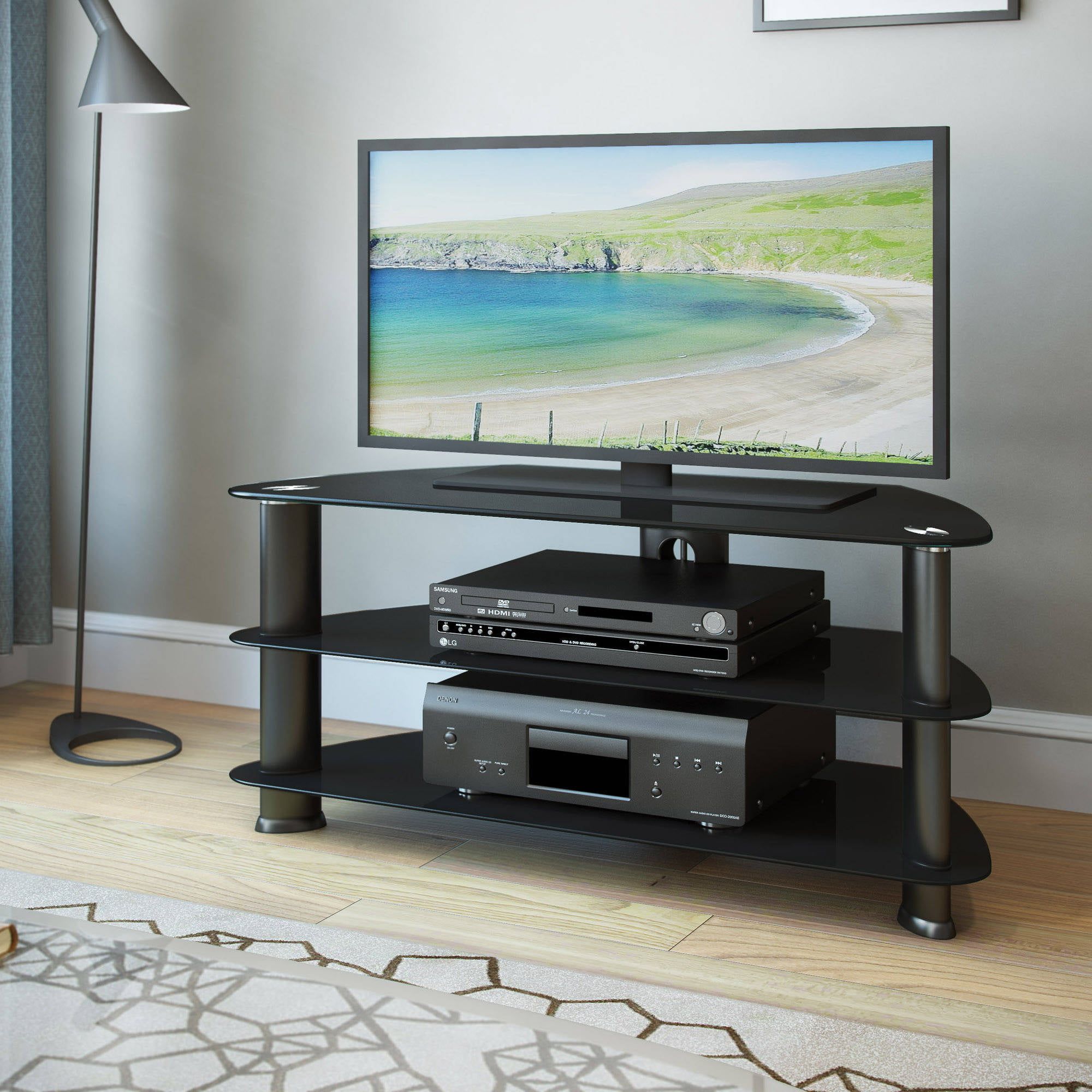 Laguna Satin Black Corner Tv Stand For Tvs Up To 50" – Walmart Pertaining To Glass Shelves Tv Stands (Gallery 20 of 20)