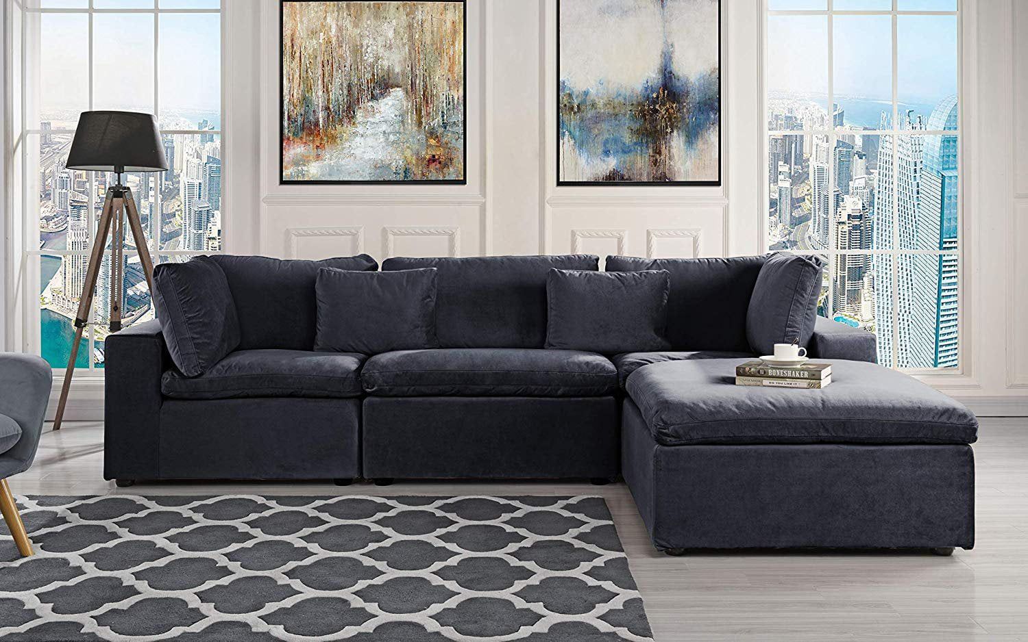 Large Configurable Microfiber Velvet Sofa L Shape Couch, Black With Regard To Black Velvet Sofas (View 14 of 20)