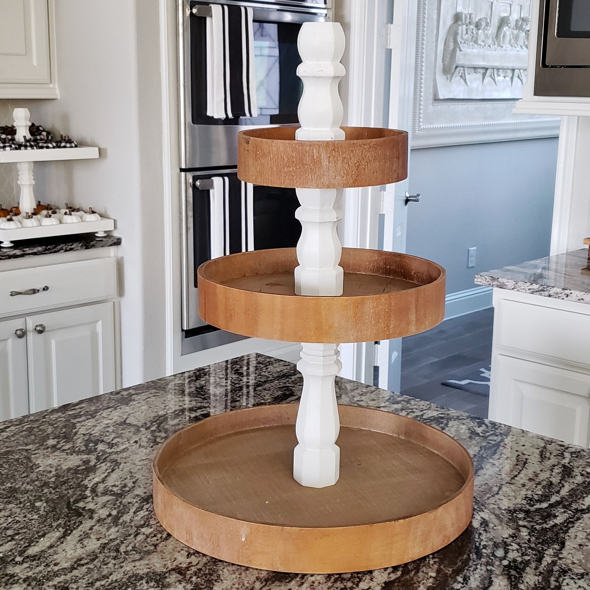 Large Round Wood 3 Tier Tray Stand In Light Brown. Tier Stand (View 11 of 20)