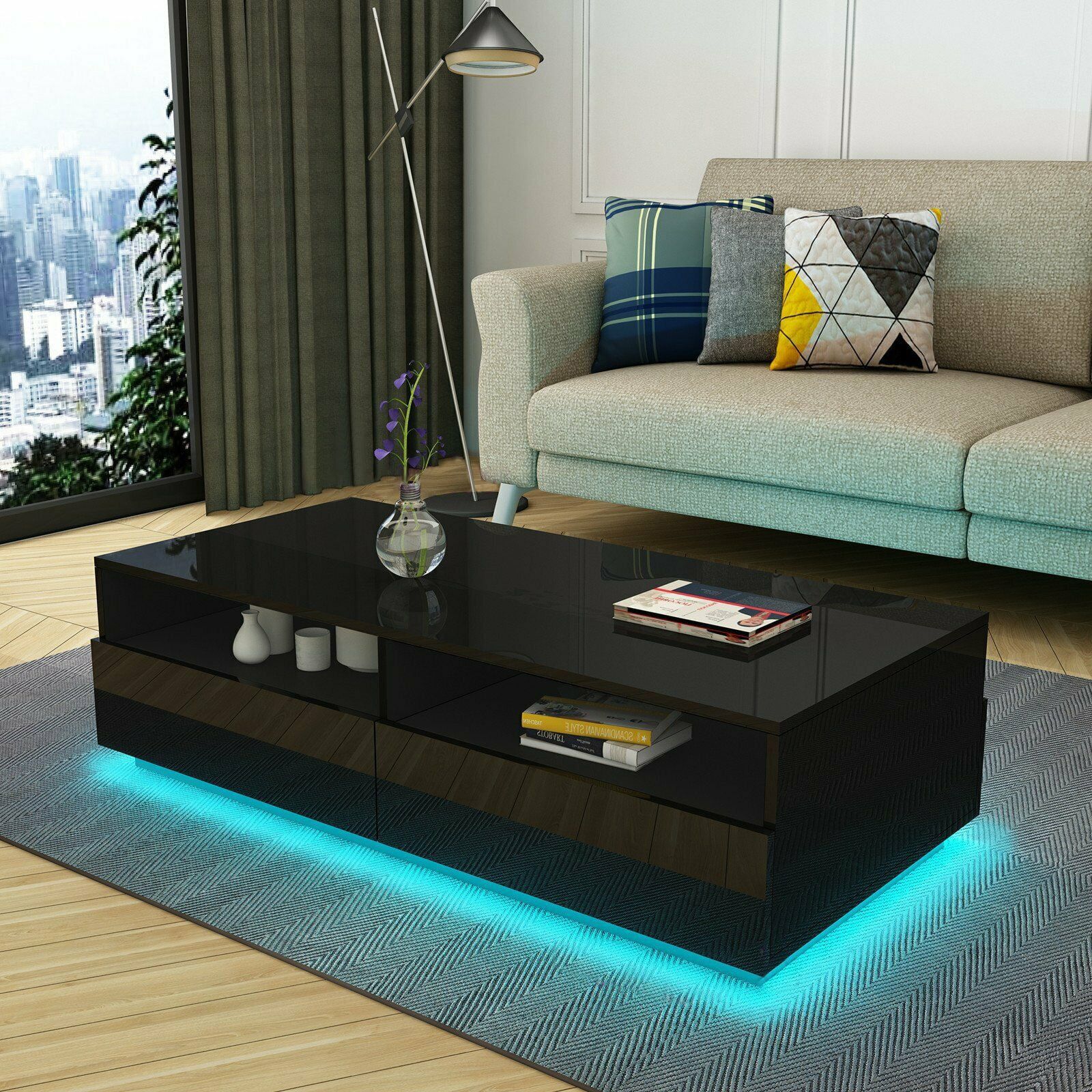 Led Rectangular Coffee Table Tea Modern Living Room Furniture Black Within Led Coffee Tables With 4 Drawers (Gallery 19 of 20)