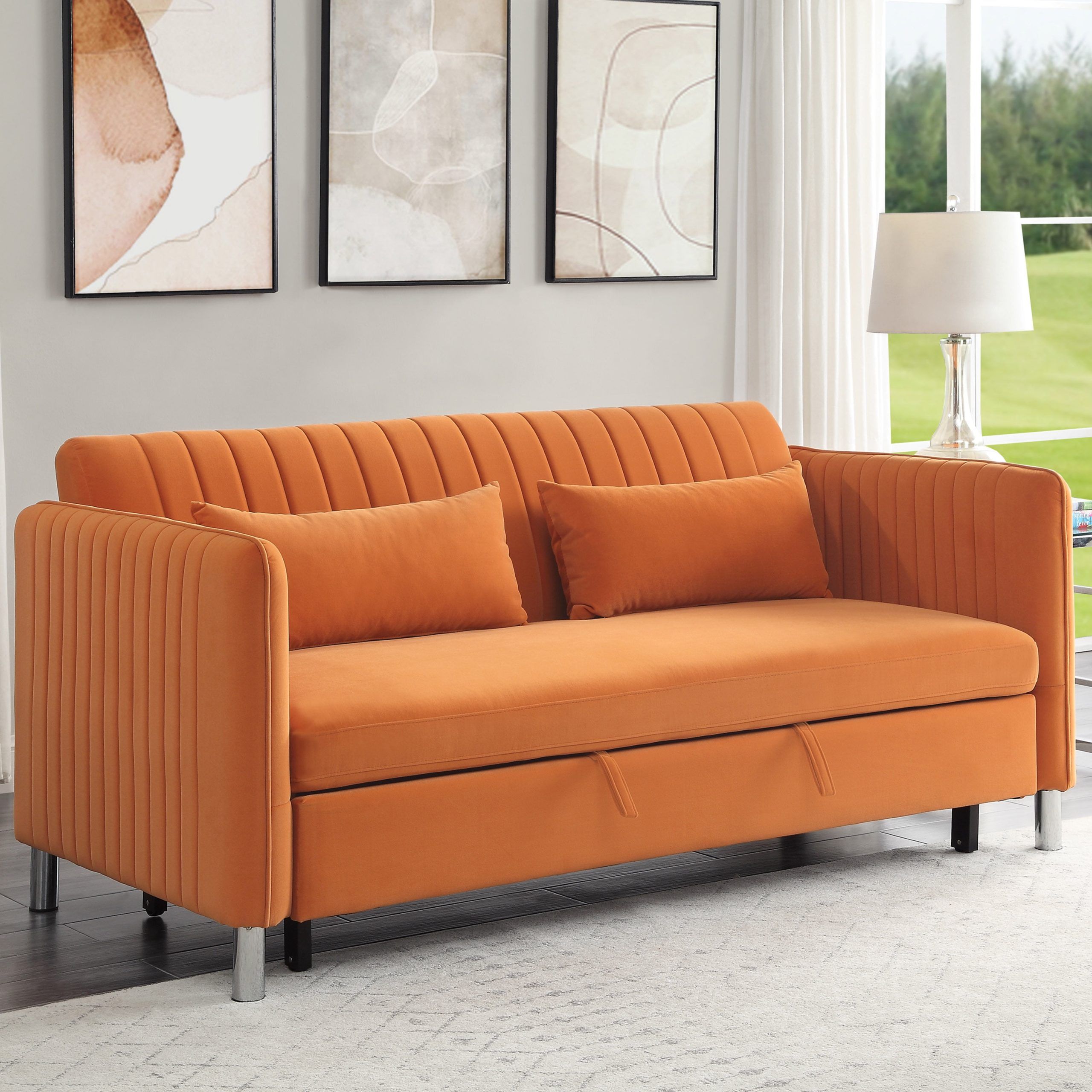Lexiconhome Greenway Velvet Convertible Sofa Bed, Orange – Walmart Throughout 66" Convertible Velvet Sofa Beds (View 5 of 20)