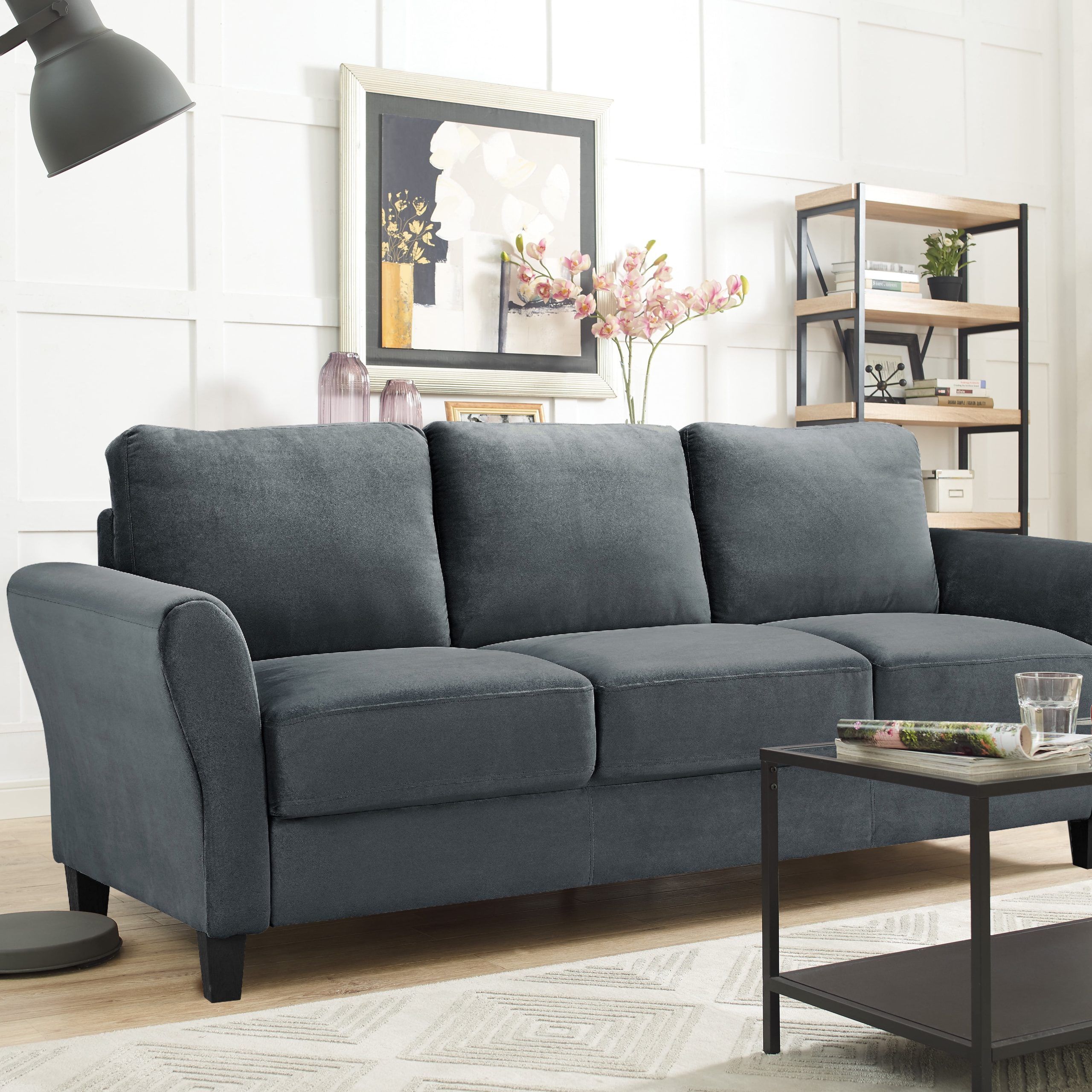 Lifestyle Solutions Alexa 3 Seat Rolled Arm Microfiber Sofa, Dark Grey Regarding Dark Grey Polyester Sofa Couches (View 2 of 20)