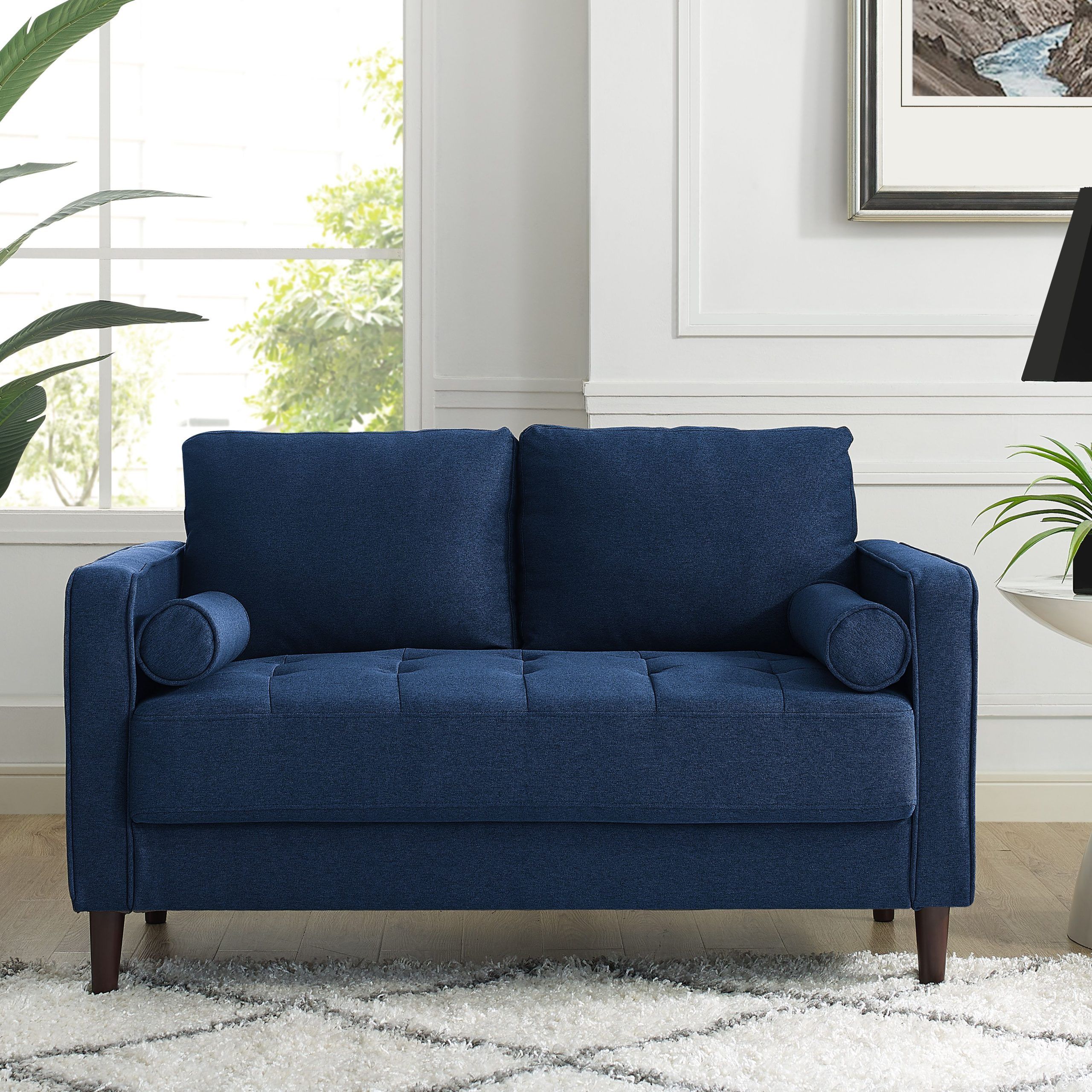 Lifestyle Solutions Lorelei Mid Century Modern Loveseat, Blue Fabric With Regard To Navy Sleeper Sofa Couches (View 17 of 20)