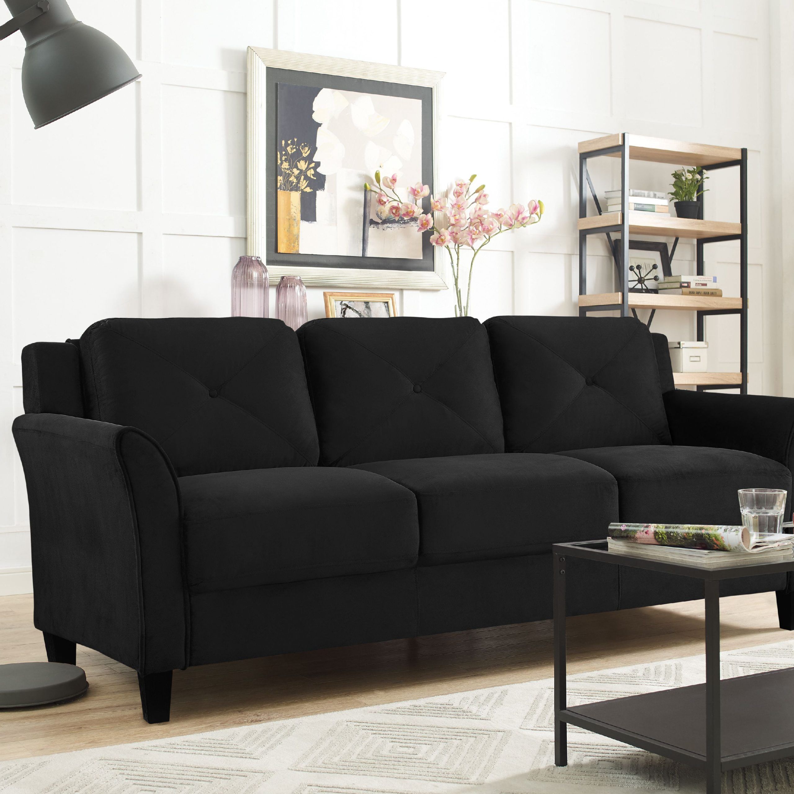 Lifestyle Solutions Taryn Curved Arm Fabric Sofa, Black – Walmart Throughout Right Facing Black Sofas (Gallery 14 of 20)