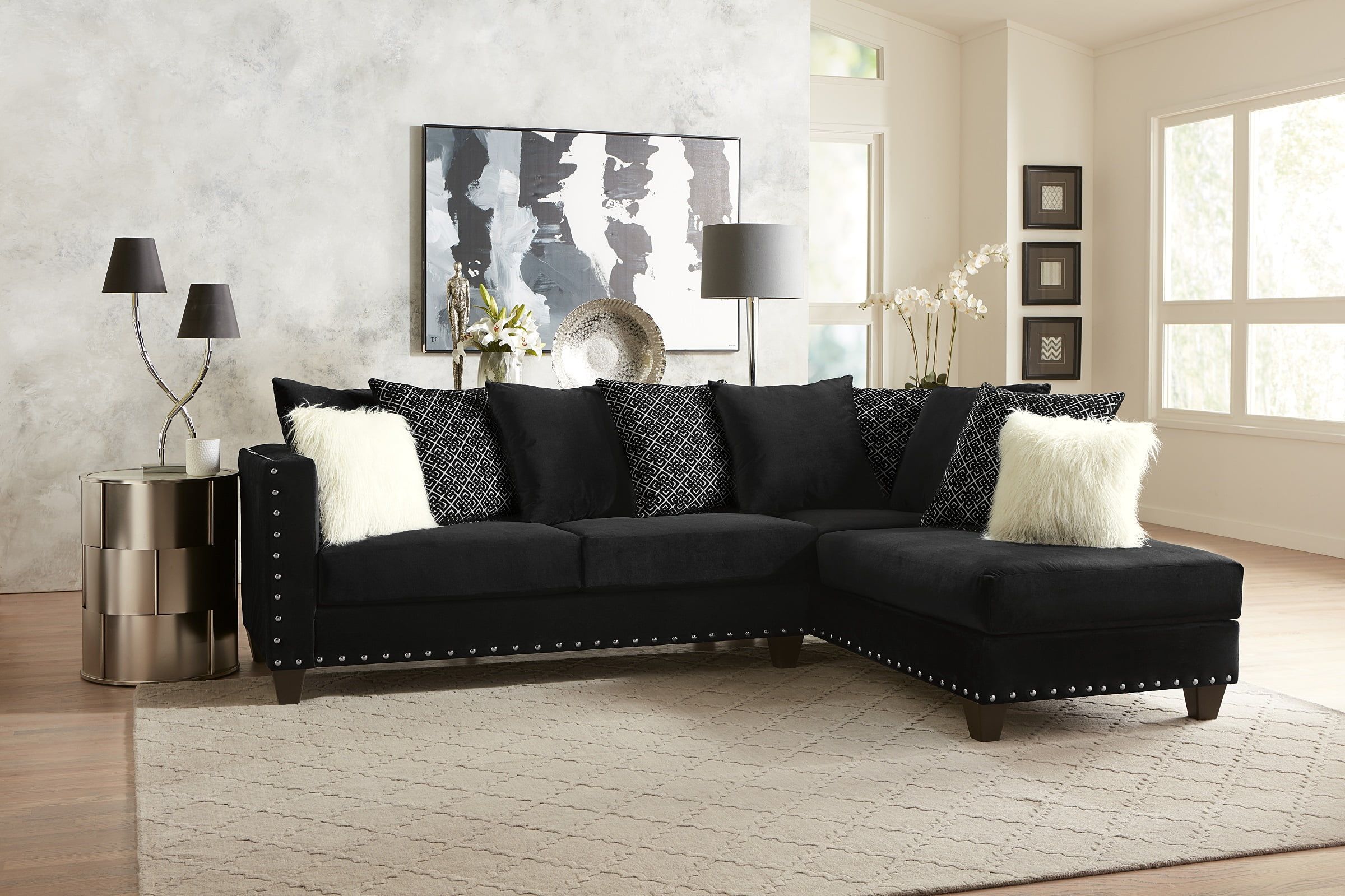 Living Room Modern Classic Black Fabric Sectional Sofa 2pc Set Cushion For Sofas In Black (Gallery 1 of 20)