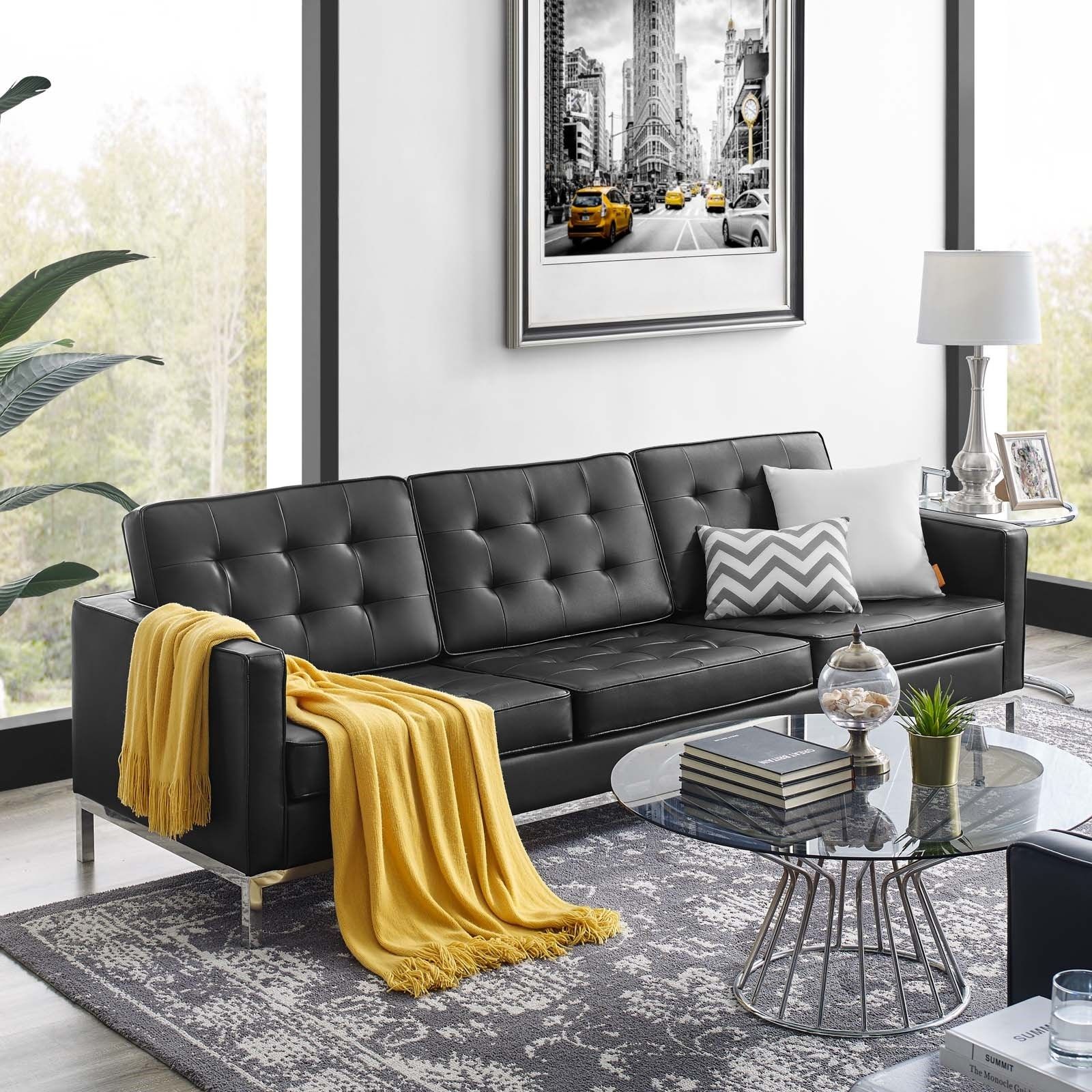 Loft Tufted Upholstered Faux Leather Sofa In Silver Black – Hyme Furniture Within Faux Leather Sofas (View 10 of 21)