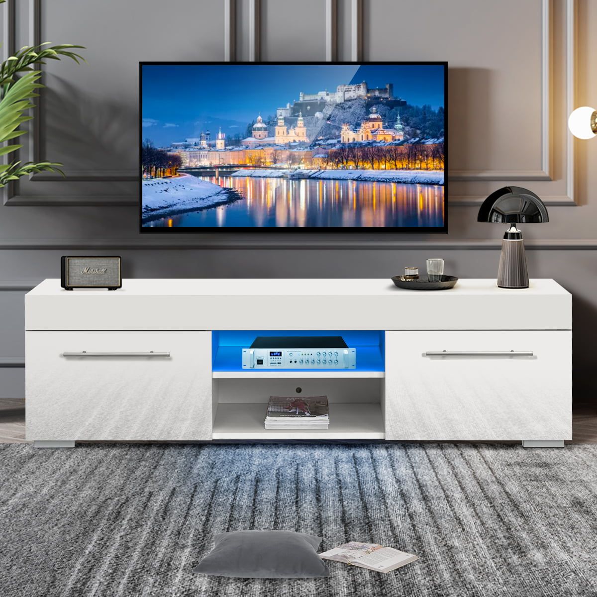 Lxingstore White High Gloss Tv Stand For Tvs Up To 58", Modern Living With White Tv Stands Entertainment Center (Gallery 9 of 20)