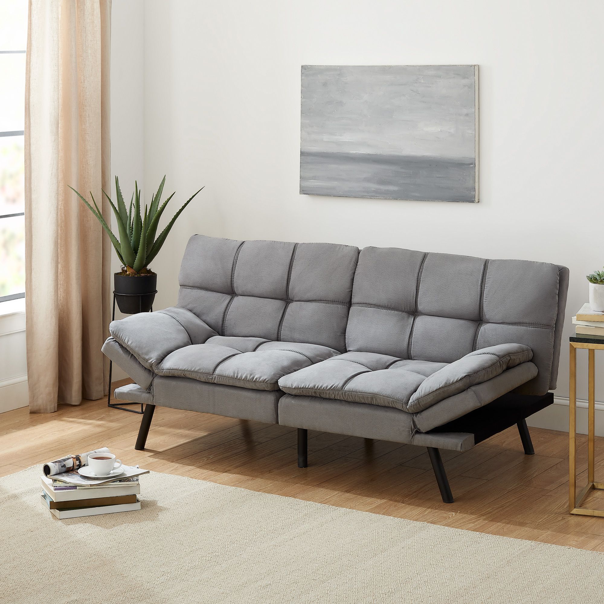 Mainstays Memory Foam Futon, Gray Suede Fabric, 72'' – Walmart Within Black Faux Suede Memory Foam Sofas (View 10 of 20)