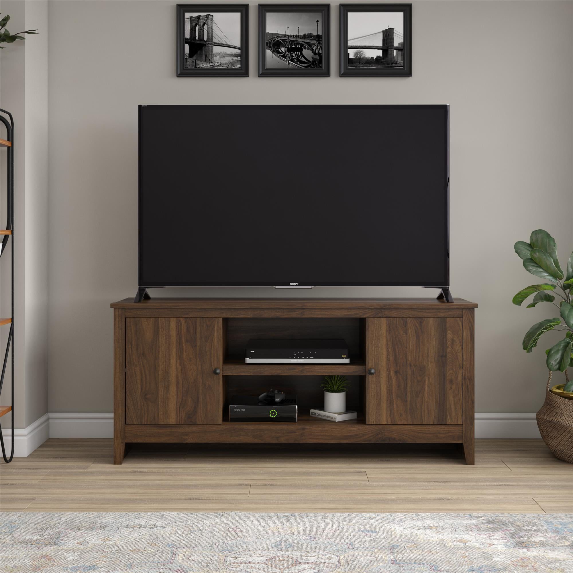 Mainstays Tv Stand For Tvs Up To 65", Walnut – Walmart Regarding Dual Use Storage Cabinet Tv Stands (View 14 of 20)