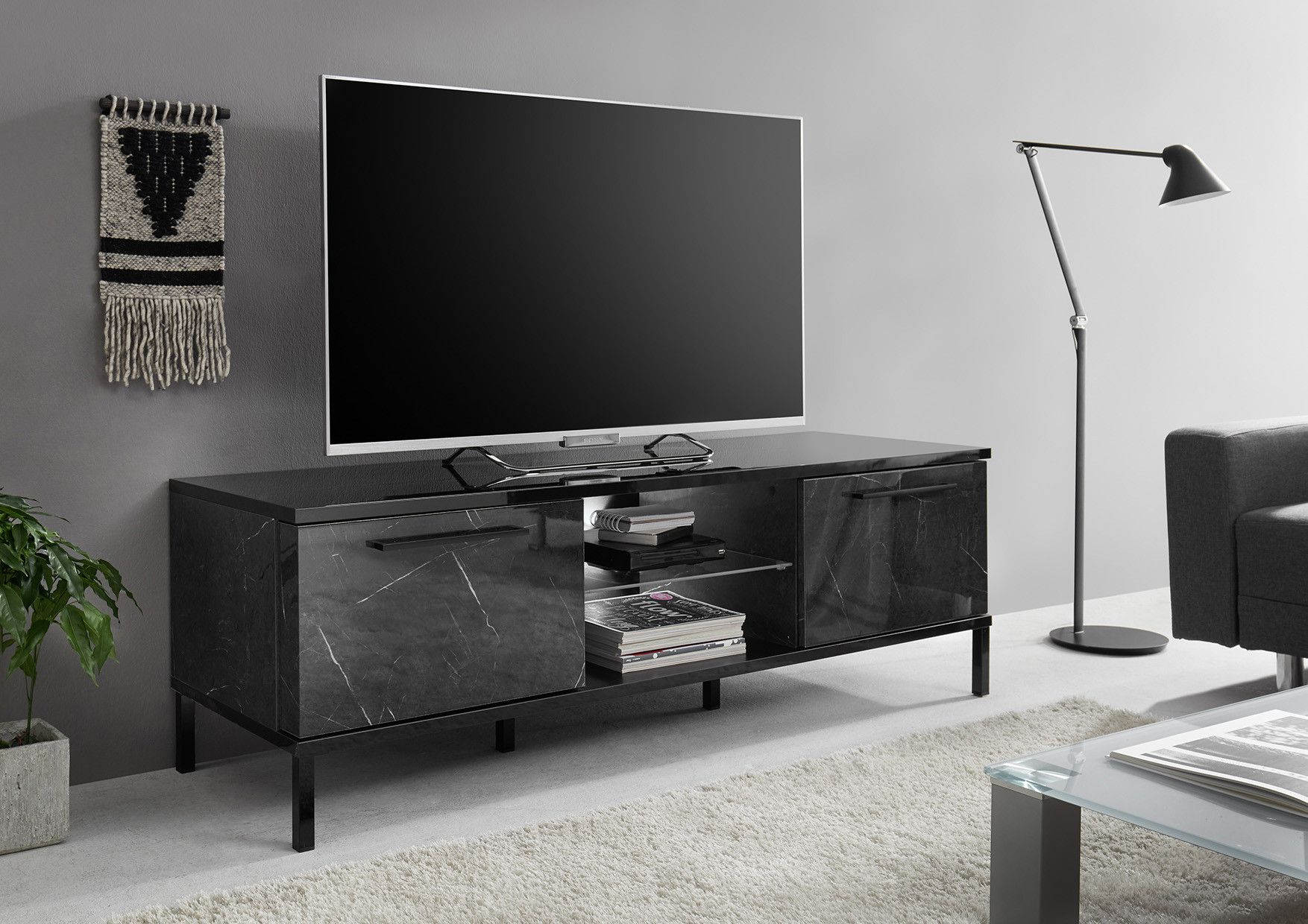 Mango 156cm Black Marble Gloss Tv Unit With Led Lights – Tv Stands Inside Black Marble Tv Stands (Gallery 1 of 20)