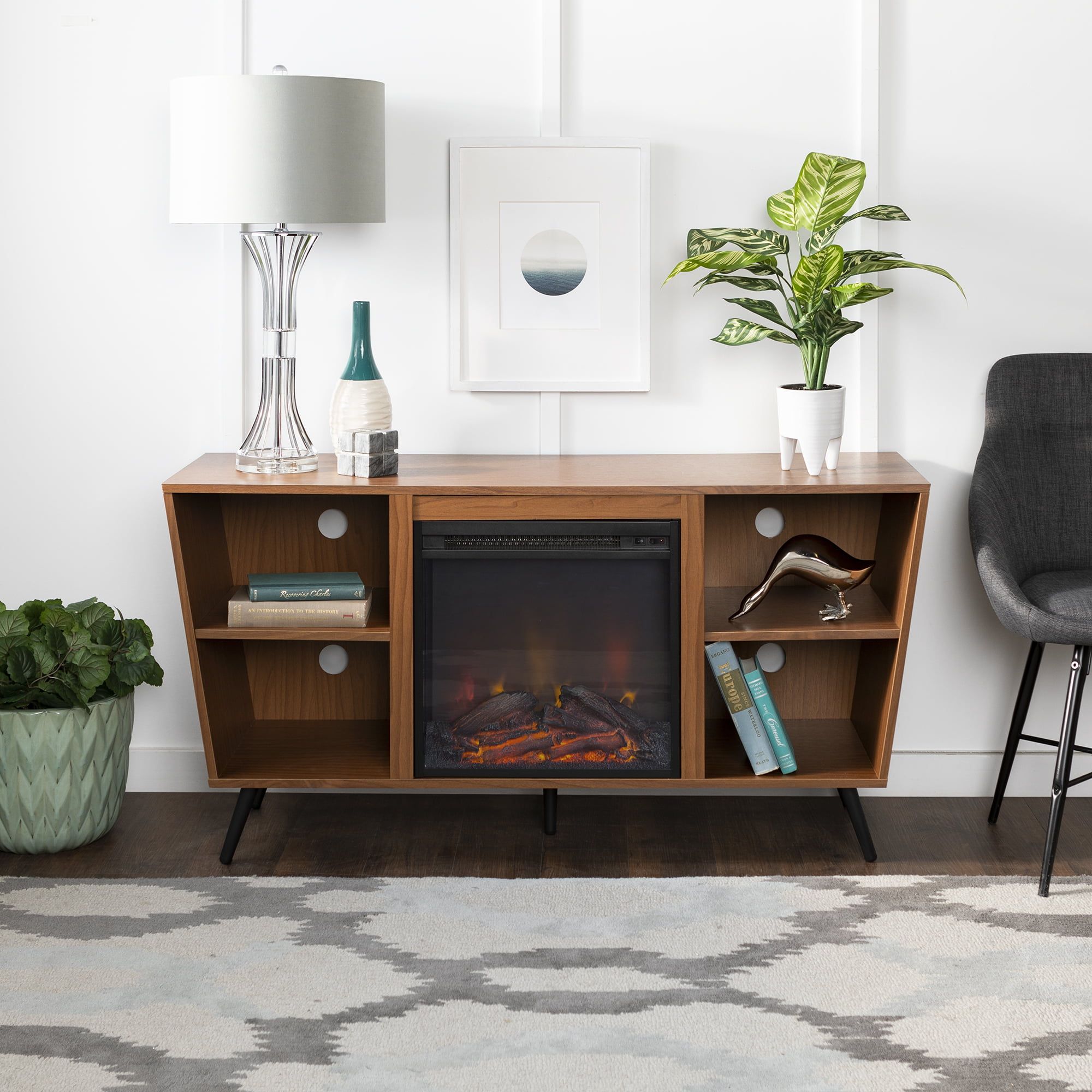 Manor Park 52" Mid Century Modern Angled Side Fireplace Tv Stand Regarding Modern Fireplace Tv Stands (View 13 of 20)