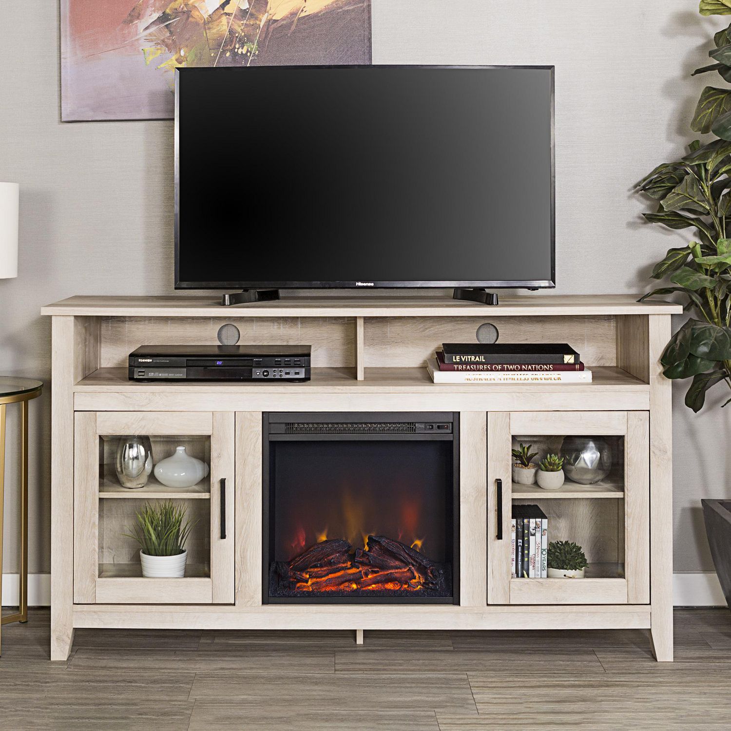 Manor Park 58" Wood Highboy Fireplace Media Tv Stand Console – White Throughout Wood Highboy Fireplace Tv Stands (View 8 of 20)