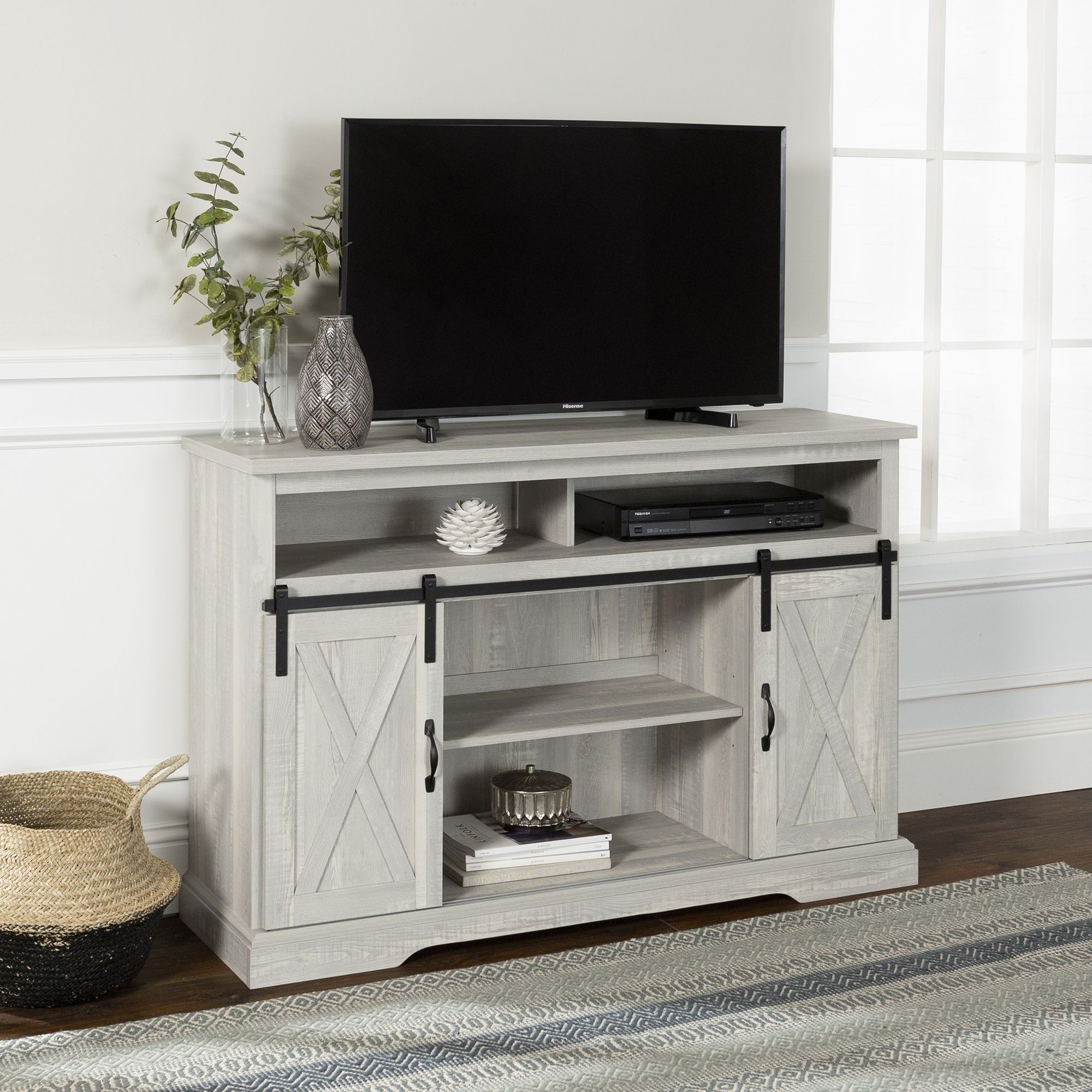 Manor Park Farmhouse Barn Door Tv Stand For Tvs Up To 58", Stone Gray With Regard To Farmhouse Media Entertainment Centers (View 19 of 20)