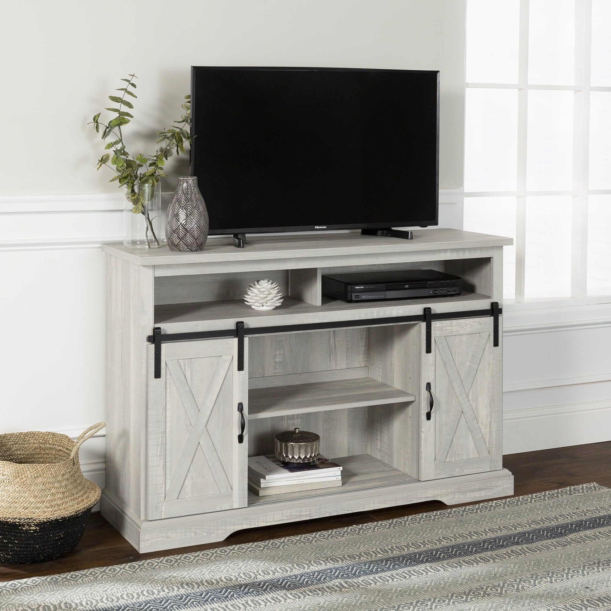 Manor Park Farmhouse Barn Door Tv Stand For Tvs Up To 58", Stone Grey Throughout Farmhouse Tv Stands (View 11 of 20)