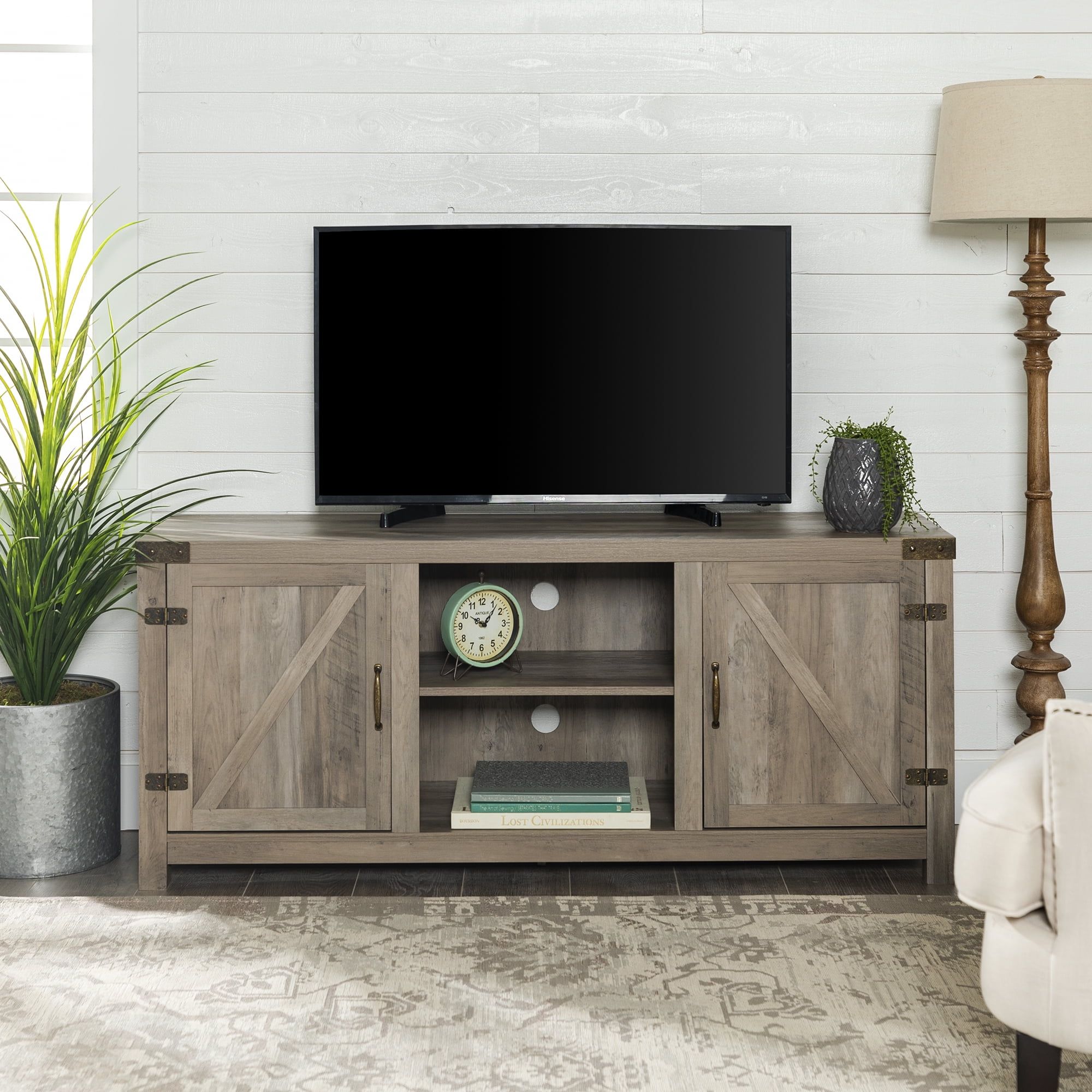 Manor Park Farmhouse Barn Door Tv Stand For Tvs Up To 65", Grey Wash Within Farmhouse Tv Stands (Gallery 7 of 20)