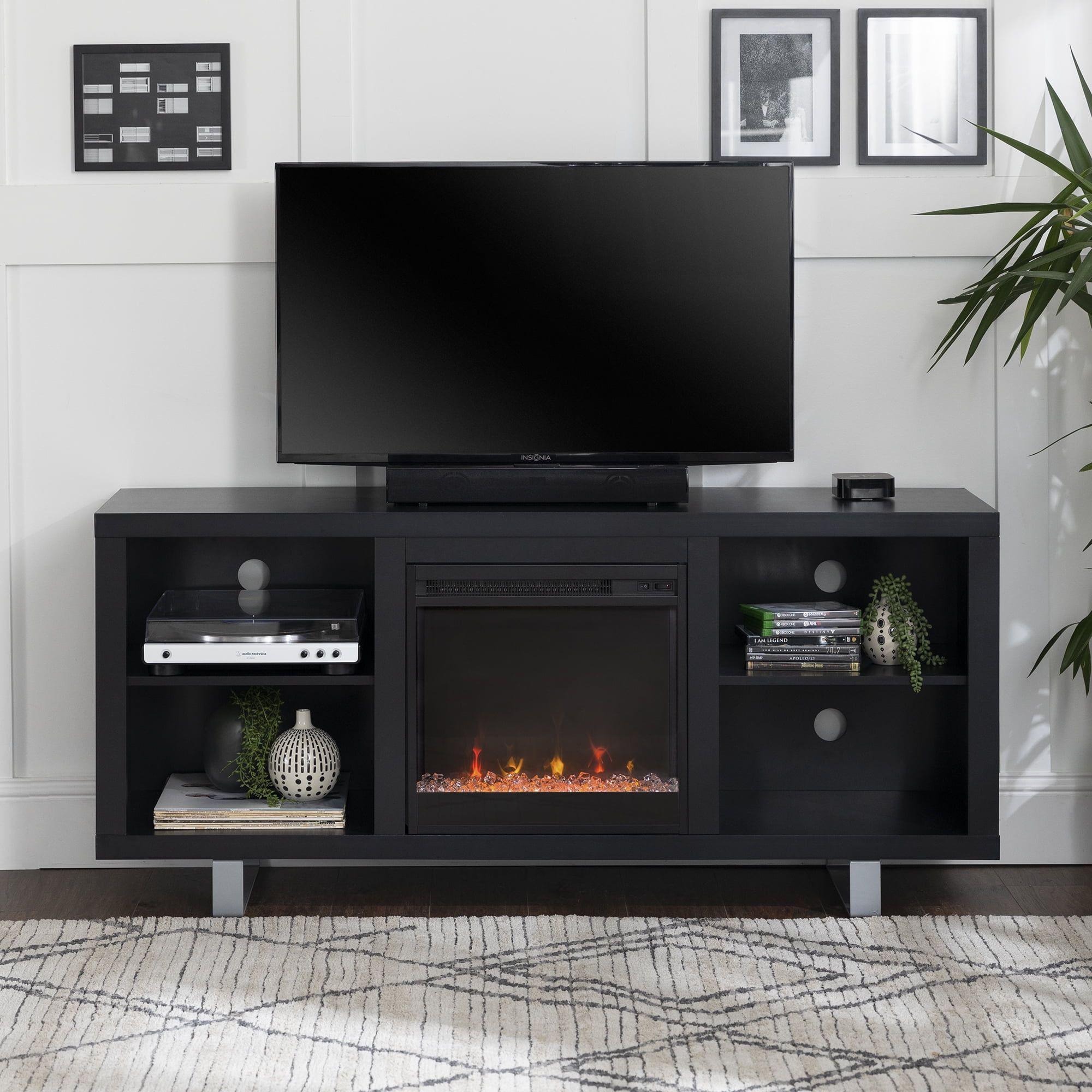 Manor Park Modern Fireplace Tv Stand For Tvs Up To 64", Black – Walmart In Modern Fireplace Tv Stands (View 16 of 20)