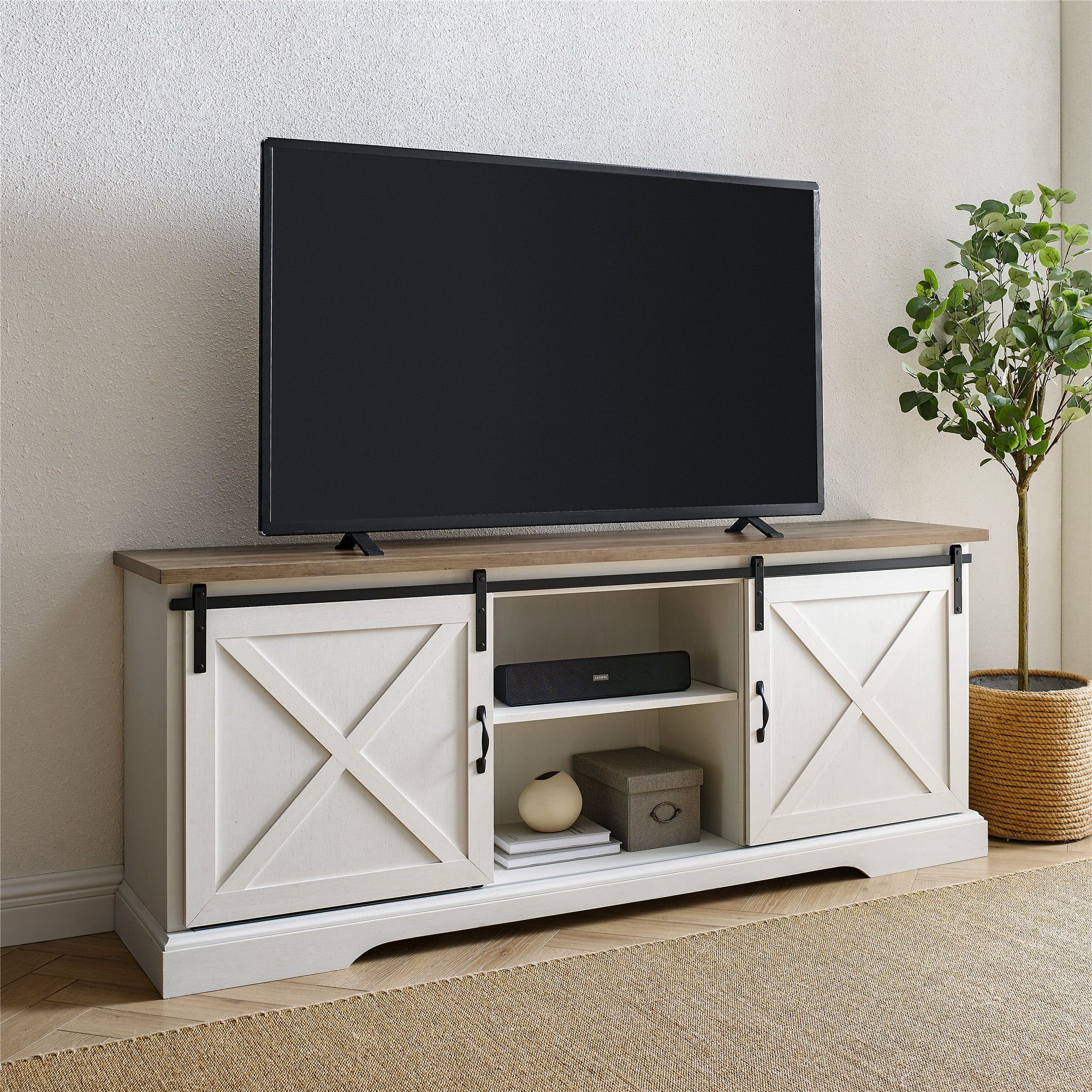 Manor Park Sliding Door Tv Stand For Tvs Up To 80", White/barnwood Throughout White Tv Stands Entertainment Center (Gallery 11 of 20)