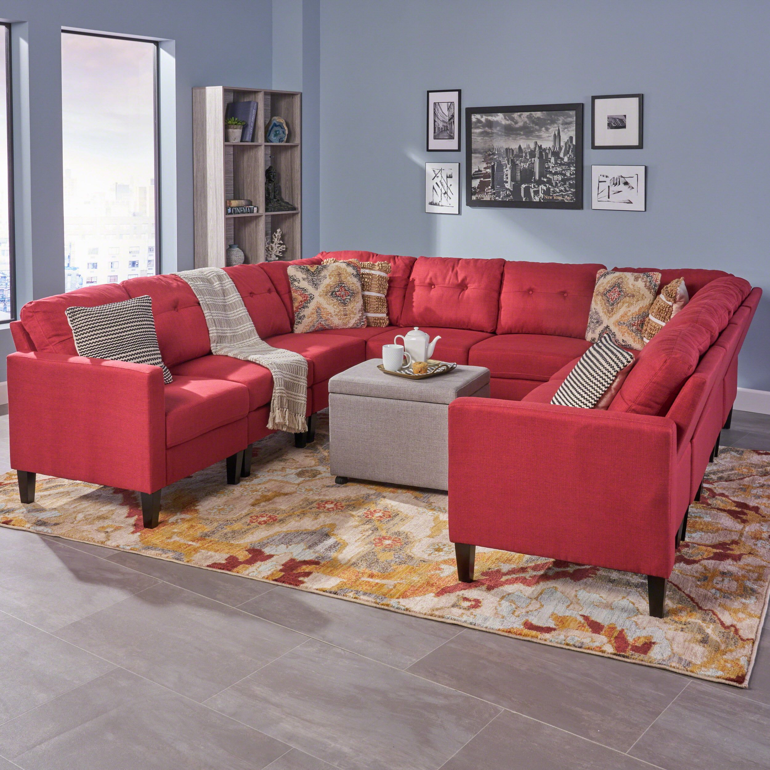 Marsh Mid Century Modern U Shaped Sectional Sofa Set, Red – Walmart Within Modern U Shaped Sectional Couch Sets (Gallery 1 of 20)