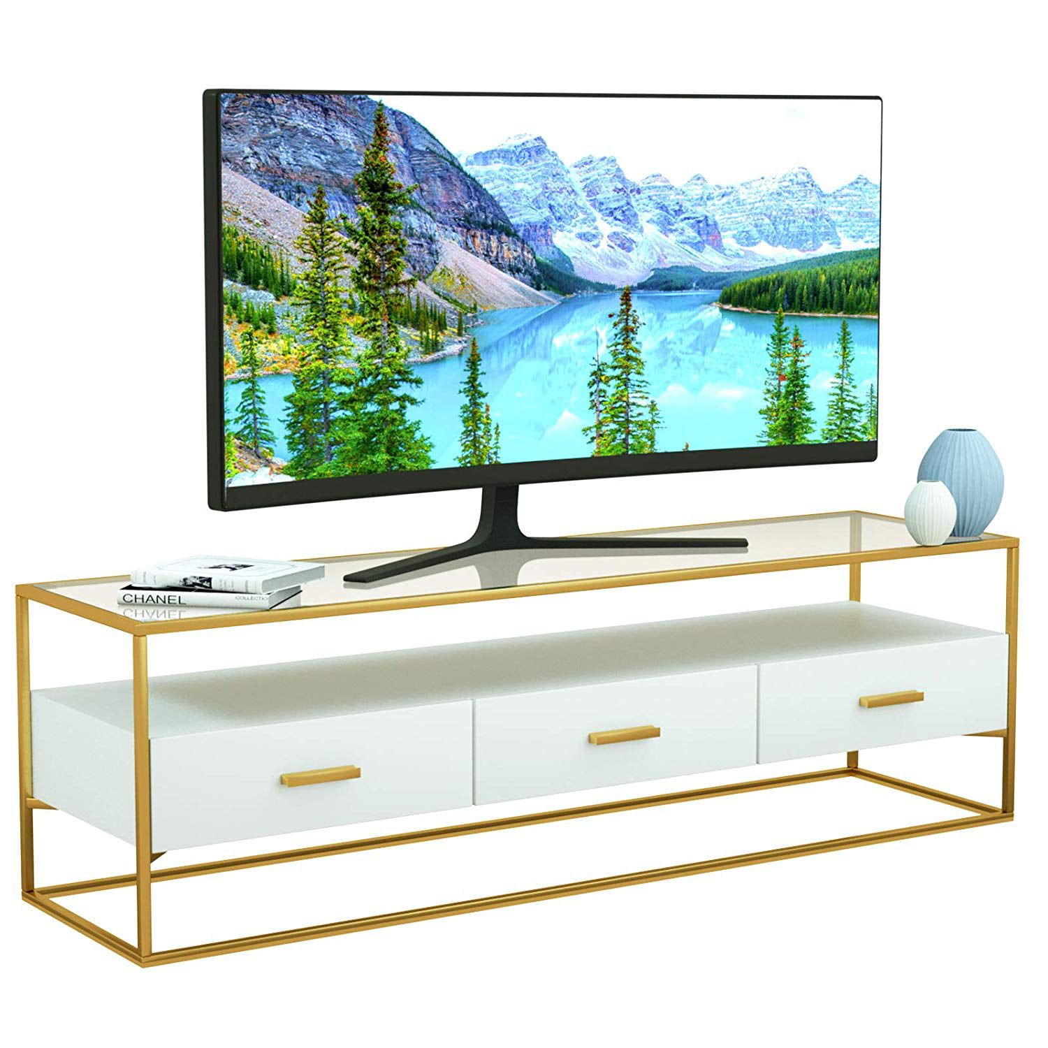 Mecor White Tv Stand,entertainment Center High Gloss 59 Inch Width,3 Regarding White Tv Stands Entertainment Center (View 6 of 20)