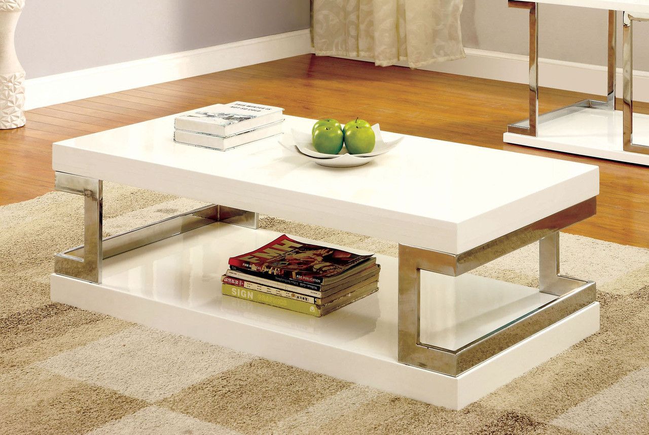 Messina Contemporary White Gloss Chrome Coffee Table For Glossy Finished Metal Coffee Tables (Gallery 8 of 20)