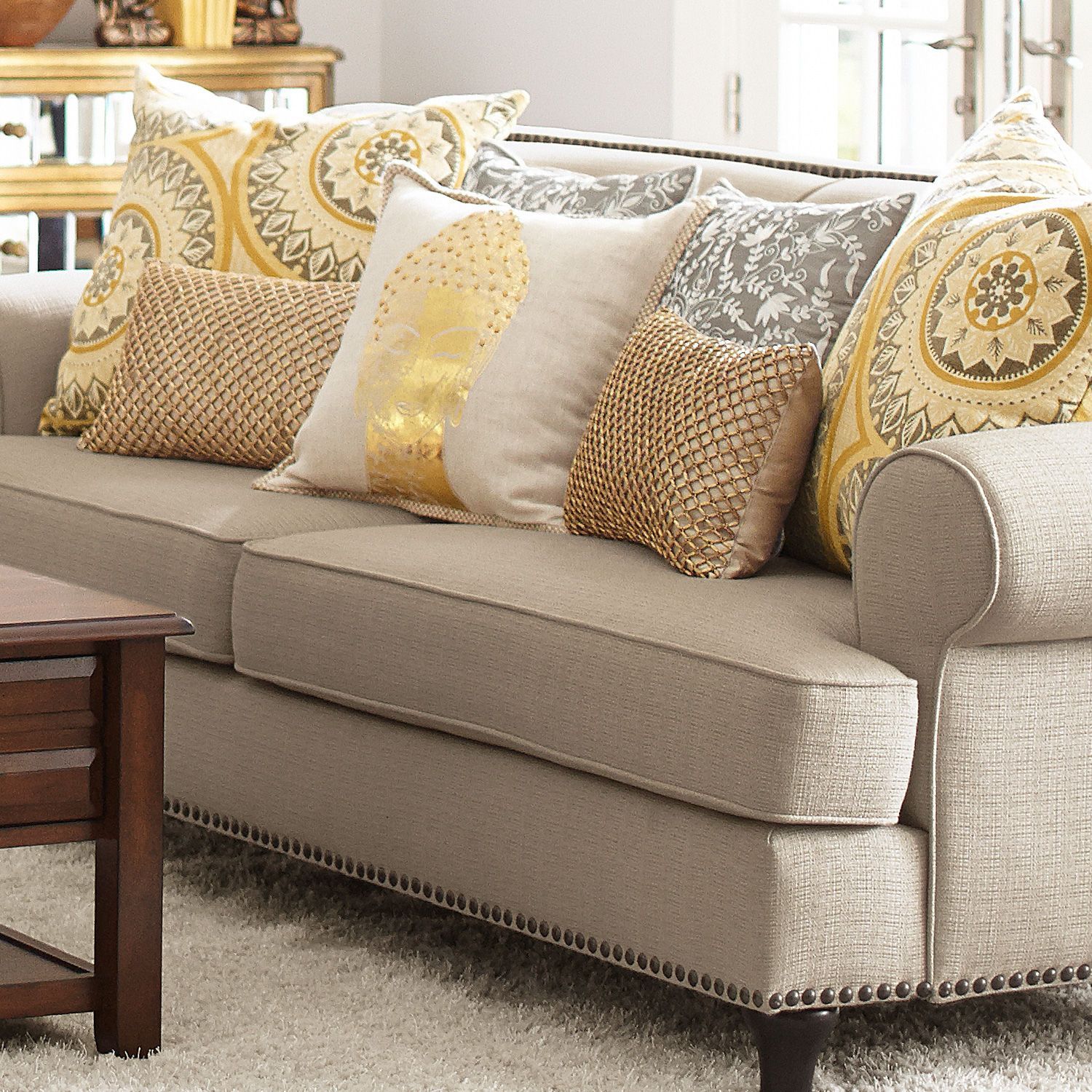 Metallic Gold Pillows! Eeep! | Beige Sofa Living Room, Yellow Living With Sofas In Beige (Gallery 10 of 20)