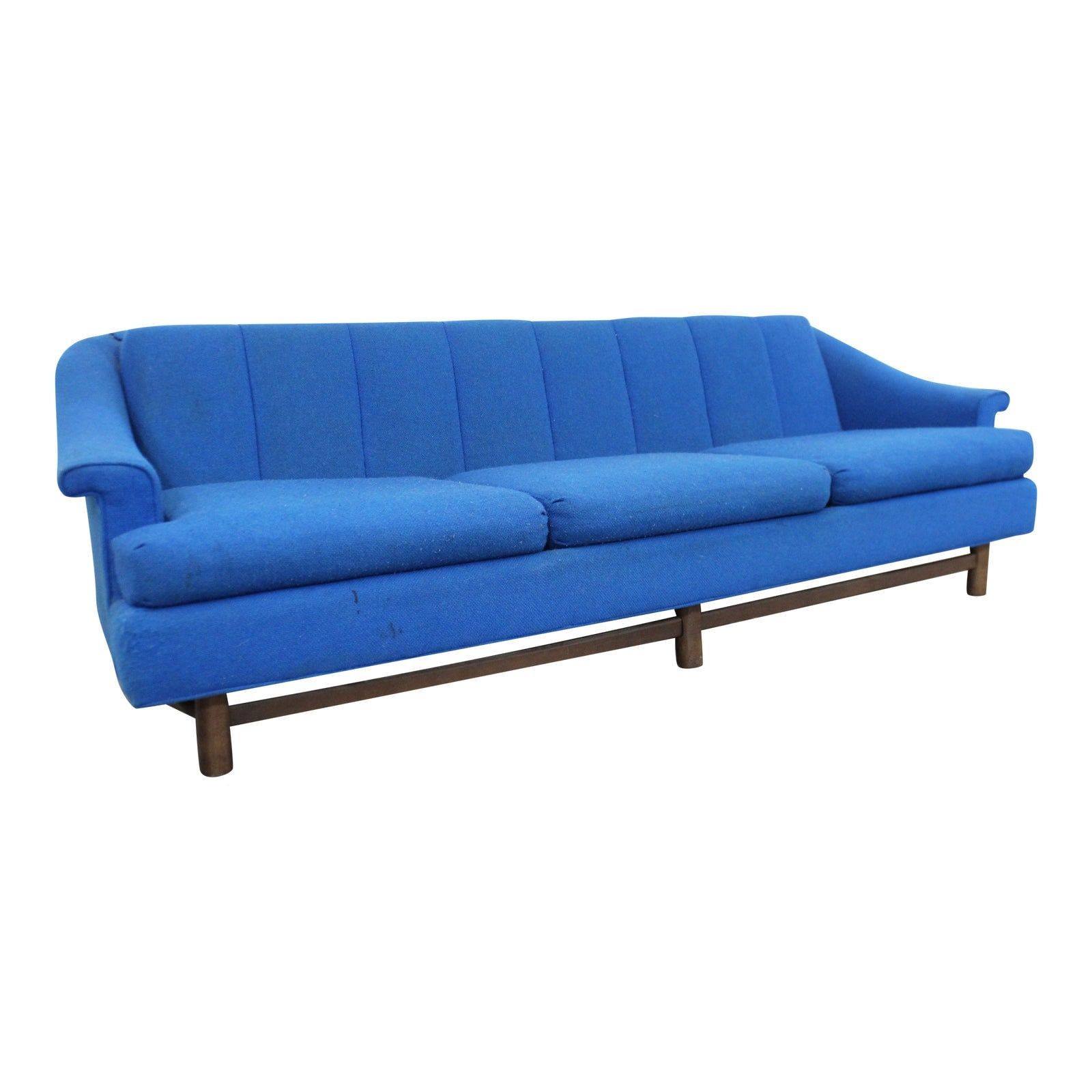 Mid Century Modern Blue 3 Seater Sofa On Wood Base, Danish Modern Couch Throughout Mid Century 3 Seat Couches (Gallery 1 of 20)