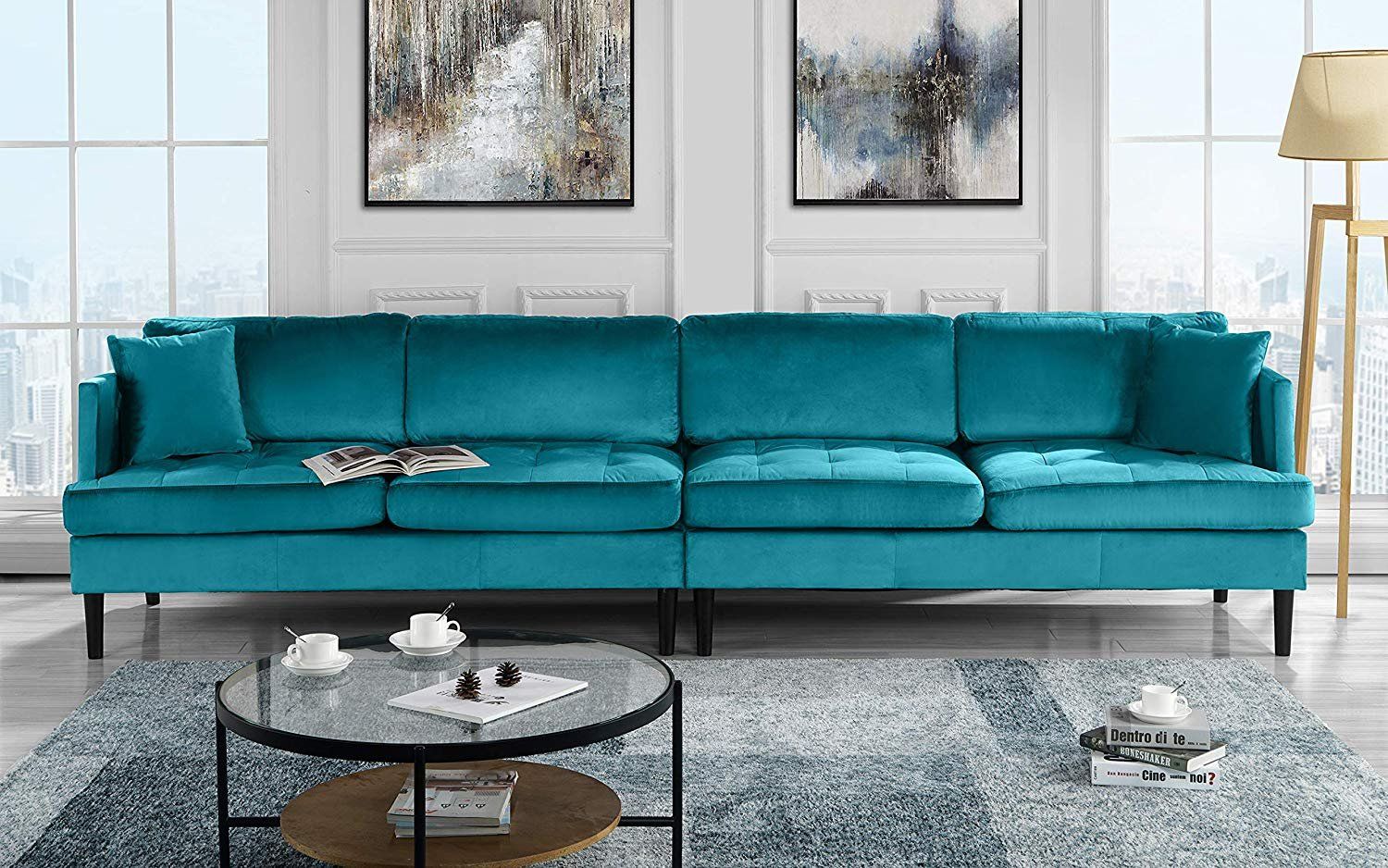 Mid Century Modern Extra Large Velvet Sofa, 4 Seat Living Room Couch Throughout Sofas In Blue (Gallery 11 of 20)