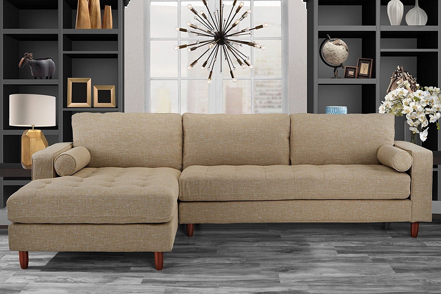 Mid Century Modern Tufted Fabric Sectional Sofa, L Shape Couch Beige For Beige L Shaped Sectional Sofas (Gallery 3 of 20)