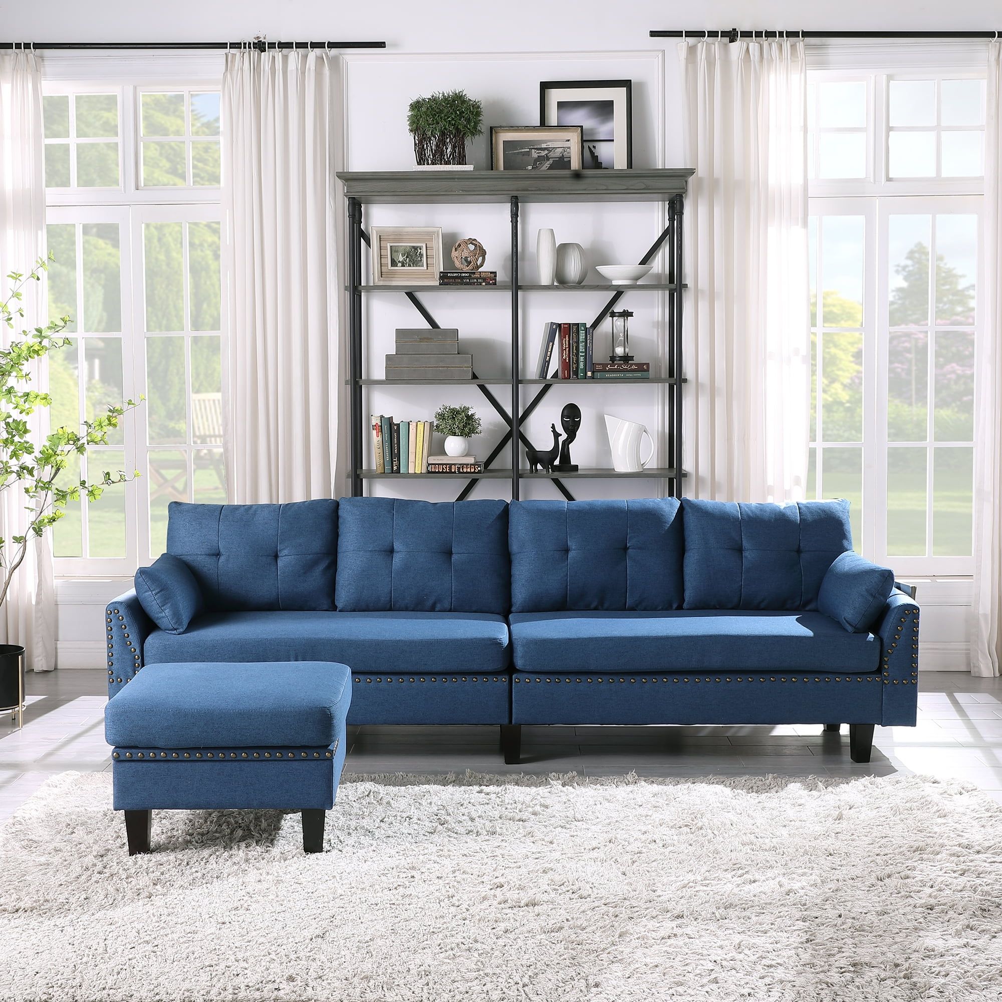 Mid Century Sectional Sofas, Blue Upholstered Modern Living Room Throughout Sofas With Ottomans (Gallery 17 of 20)