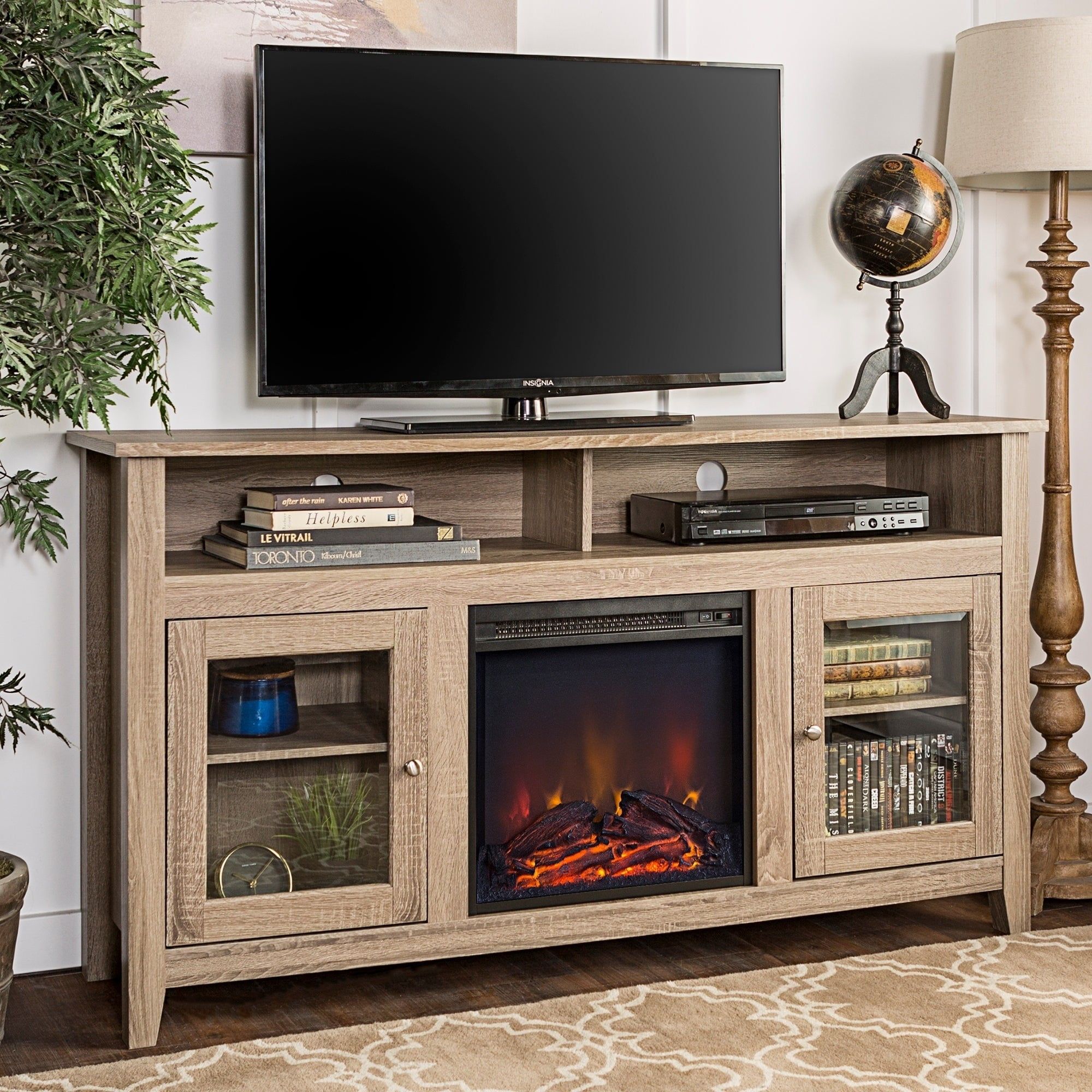 Middlebrook Designs 58 Inch Driftwood Highboy Fireplace Tv Stand Intended For Wood Highboy Fireplace Tv Stands (Gallery 1 of 20)