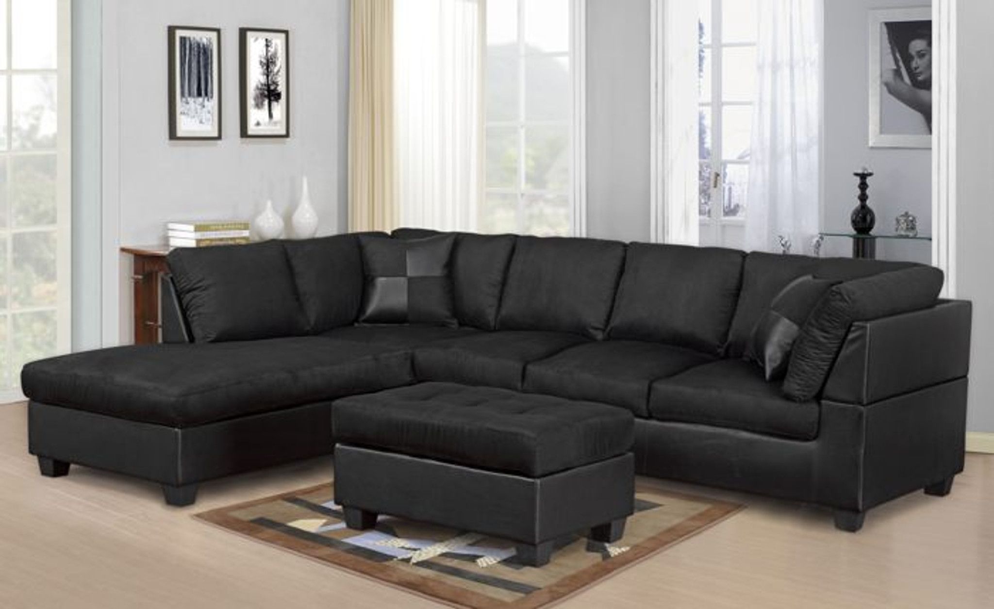 Modern 2pc Black Sectional Sofa And Chaise – Kassa Mall Home Furniture With Right Facing Black Sofas (View 20 of 20)
