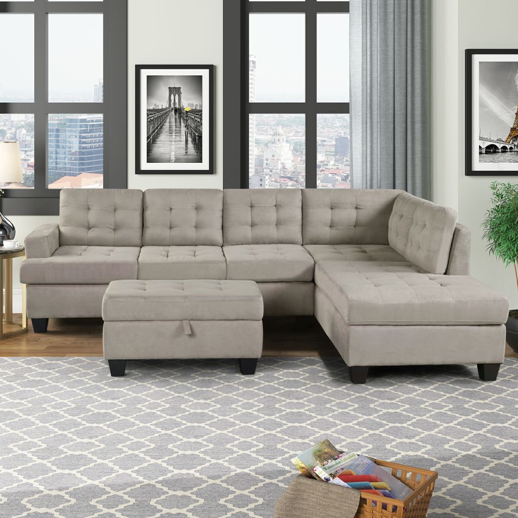 Modern 3 Piece Sectional Sofa With Chaise Lounge And Storage Ottoman, L Within 104&quot; Sectional Sofas (Gallery 9 of 20)
