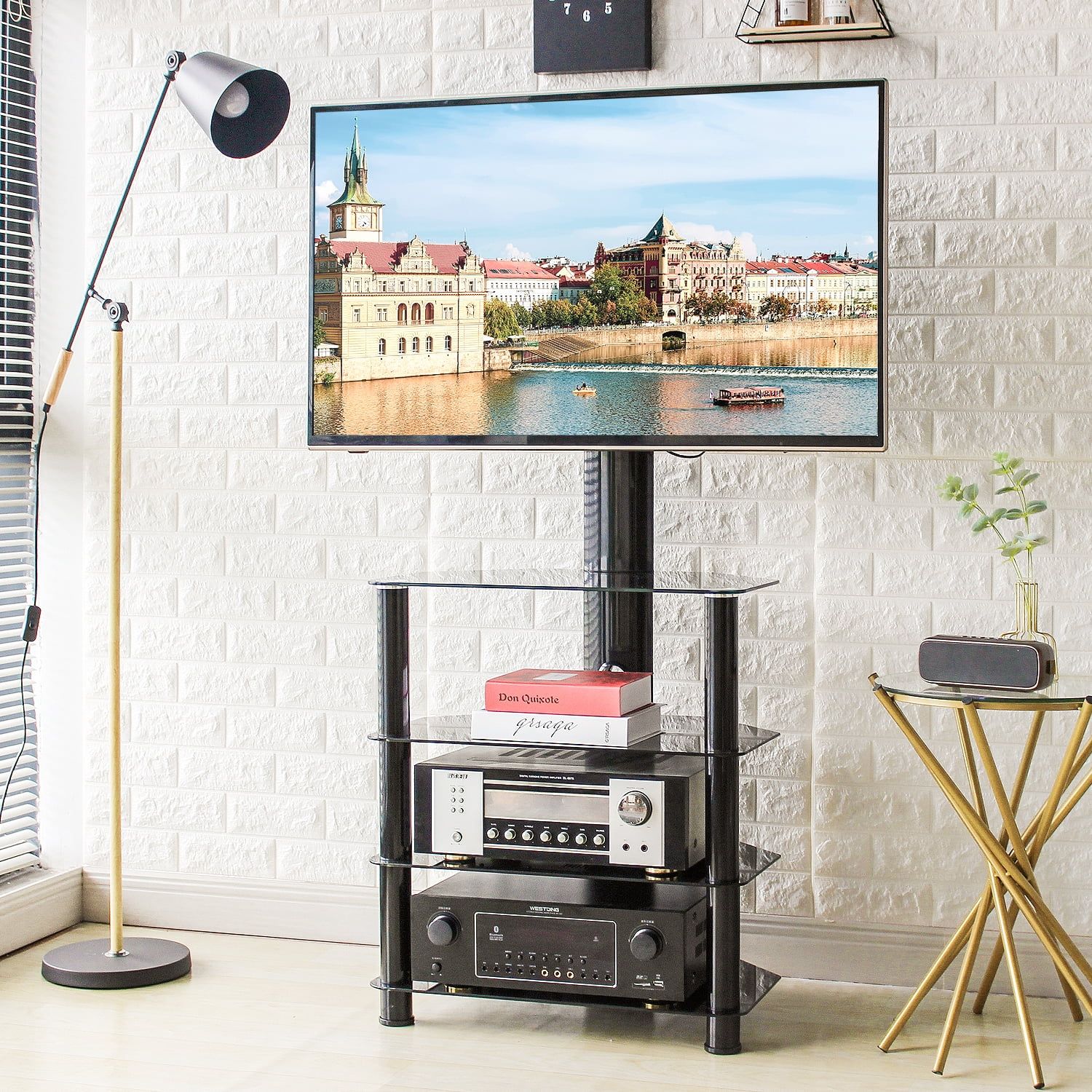 Modern 4 Shelf Black Glass Tv Stand For Tvs Up To 70 Inch, Black Pertaining To Glass Shelves Tv Stands (View 11 of 20)