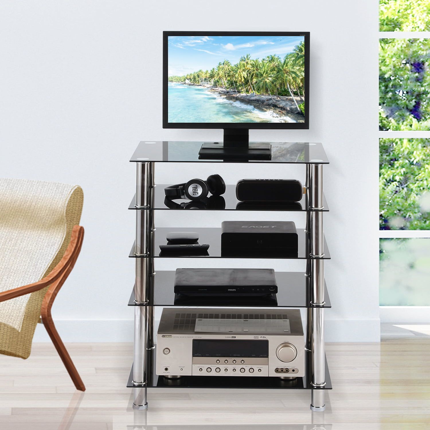 Modern 5 Shelf Media Tower Component Tv Stand Audio Cabinet Glass Shelf In Glass Shelves Tv Stands (View 14 of 20)