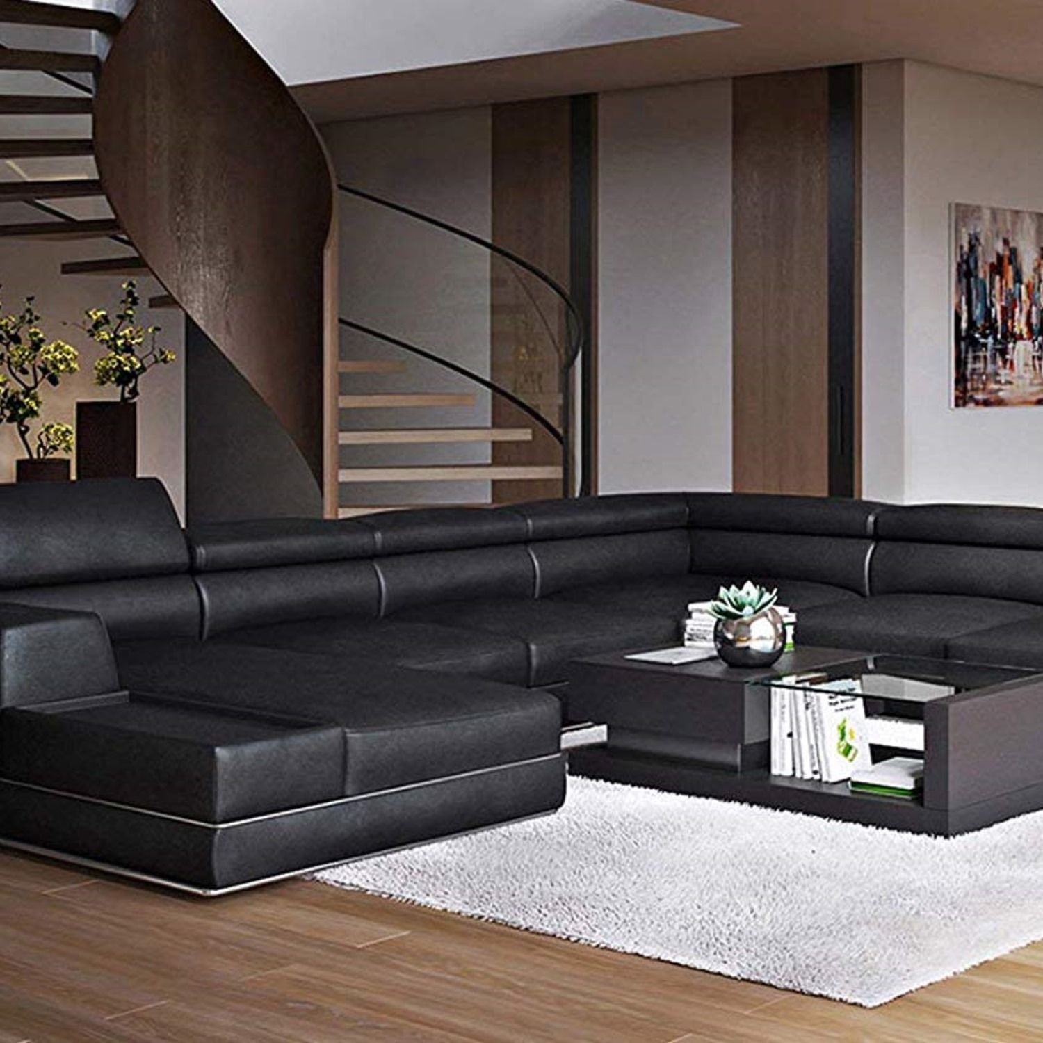Modern Black Leather Sectional Sofa Living Room Couch Sleek Intended For Right Facing Black Sofas (Gallery 13 of 20)