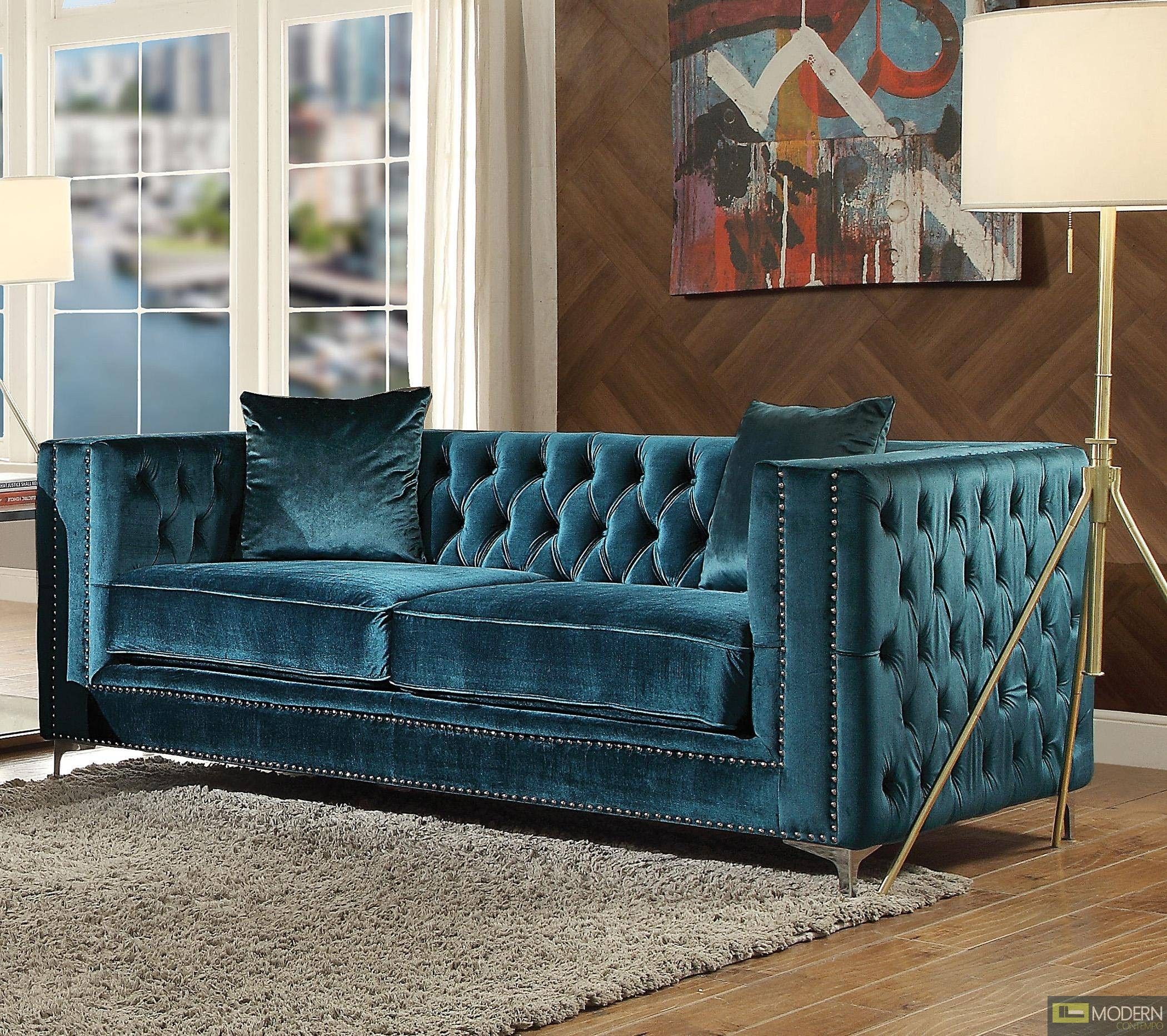 Modern Contempo – Valleria Dark Teal Velvet Sofa & Loveseat Living Room Set In Modern Velvet Sofa Recliners With Storage (Gallery 3 of 20)