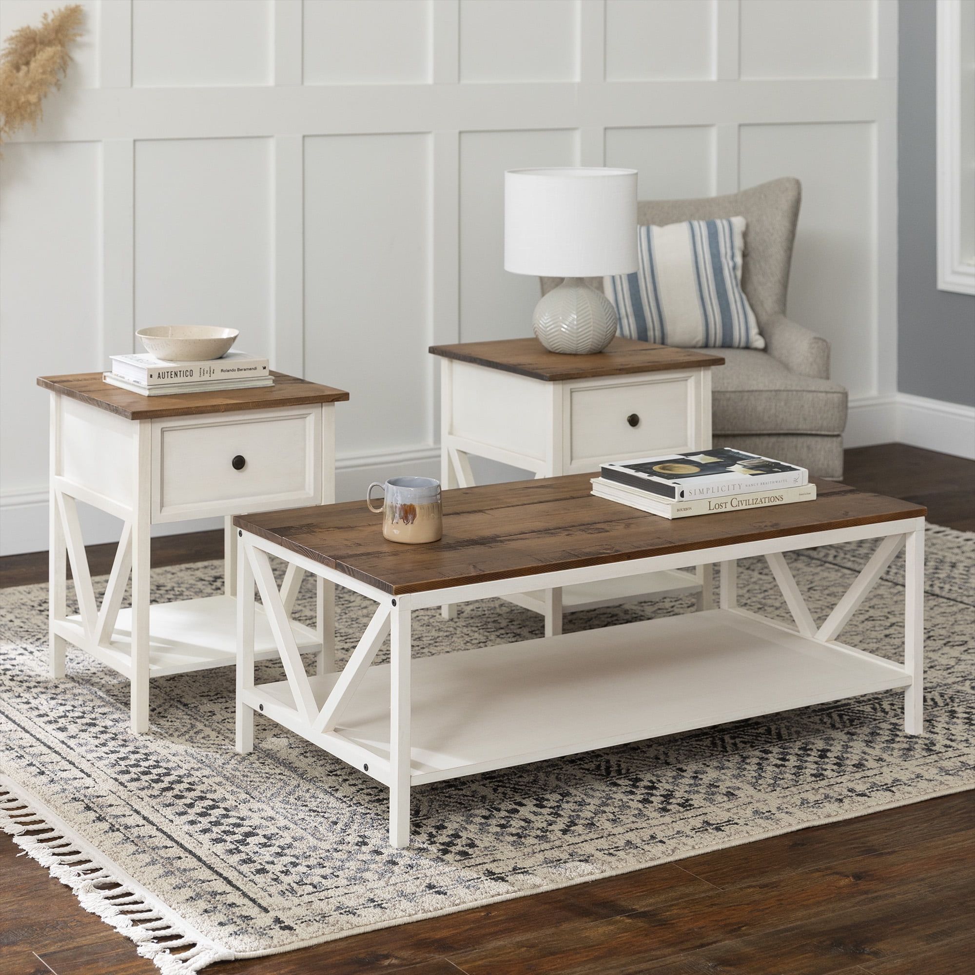 Modern Farmhouse Accent Table Set, Distressed White – Walmart Pertaining To Modern Farmhouse Coffee Table Sets (Gallery 4 of 20)
