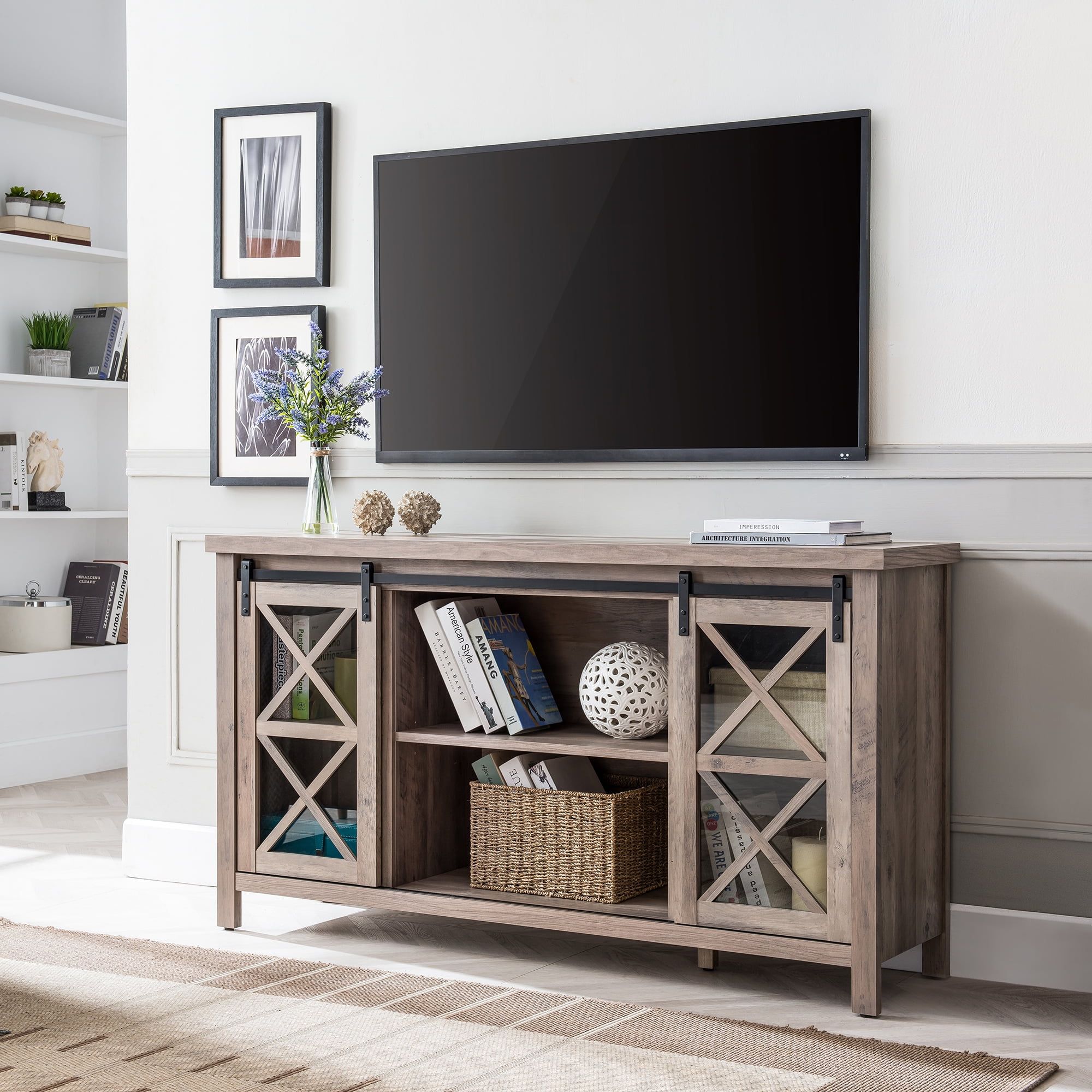 Modern Farmhouse Tv Stand For Tvs Up To 58", Media Console Table With In Farmhouse Media Entertainment Centers (View 6 of 20)