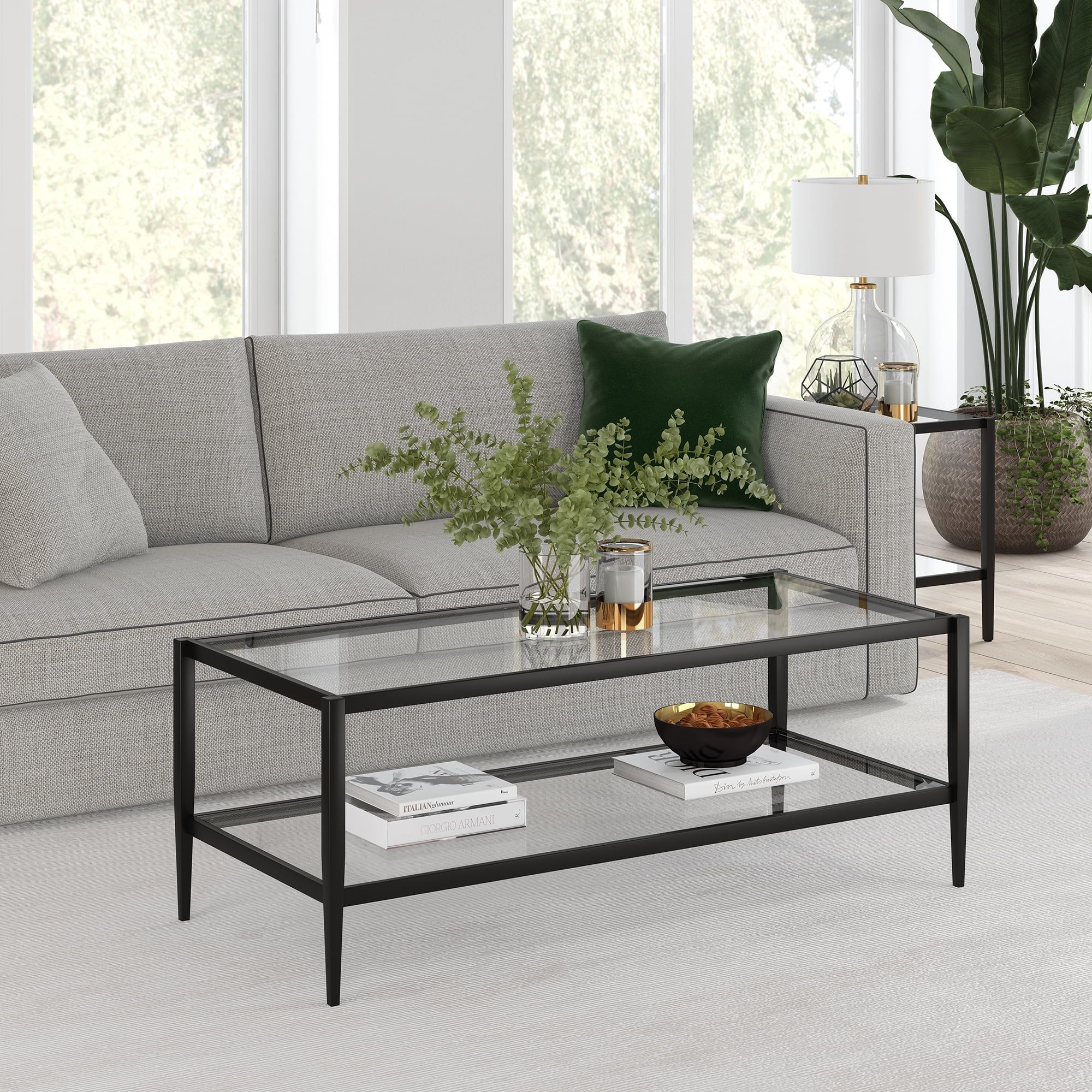 Modern Glass Coffee Table, Rectangular Cocktail Table In Blackened With Rectangular Coffee Tables With Pedestal Bases (View 9 of 20)