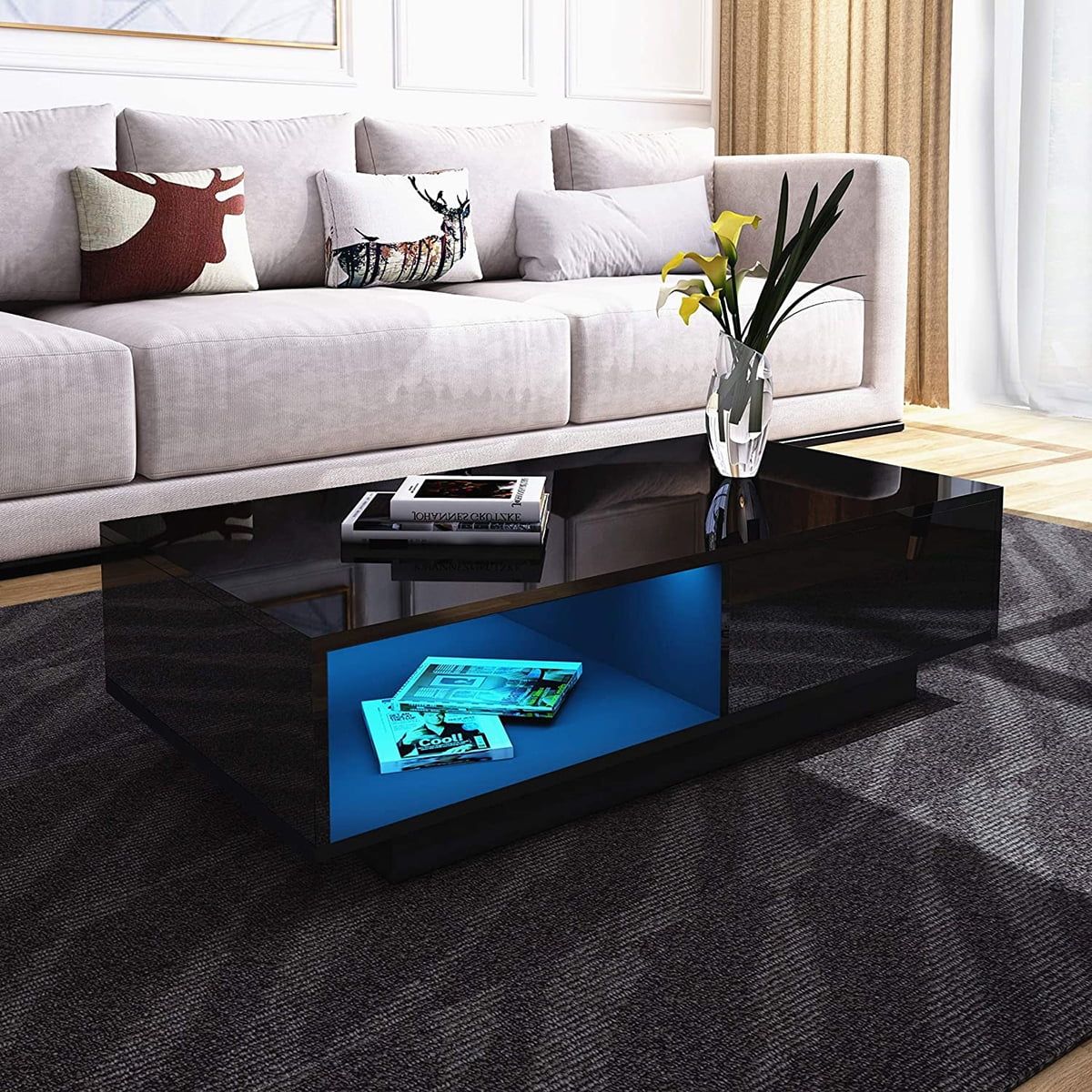 Modern High Gloss Coffee Table With Drawers, Led Sofa Side End Desk With Regard To High Gloss Black Coffee Tables (View 12 of 20)